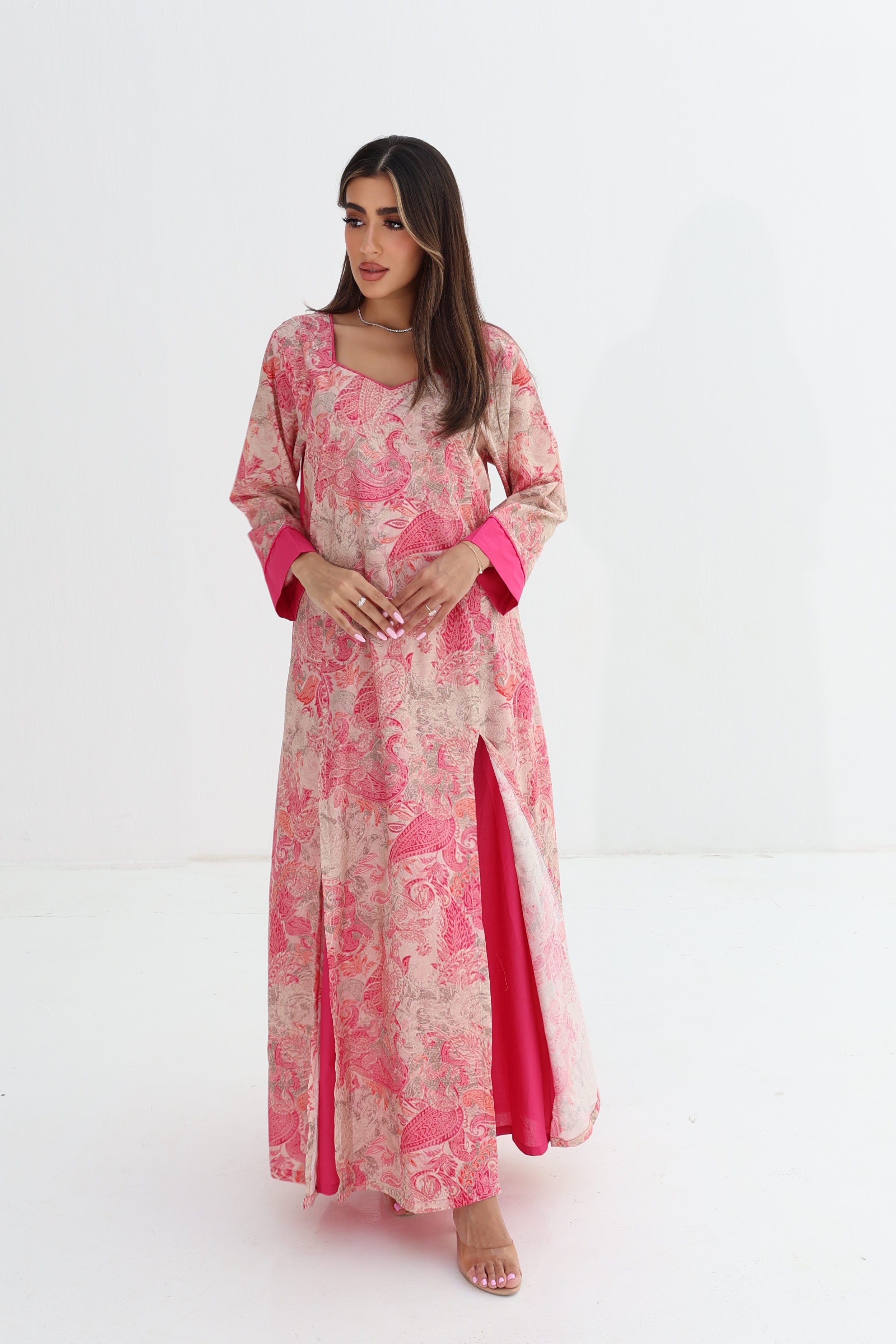 Tawoos — C03 — Blush Pink Paisley Peacock Sweetheart Neck Cotton Jalabiya