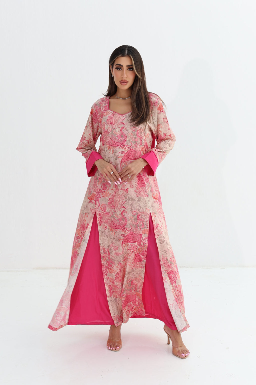 Tawoos — C03 — Blush Pink Paisley Peacock Sweetheart Neck Cotton Jalabiya