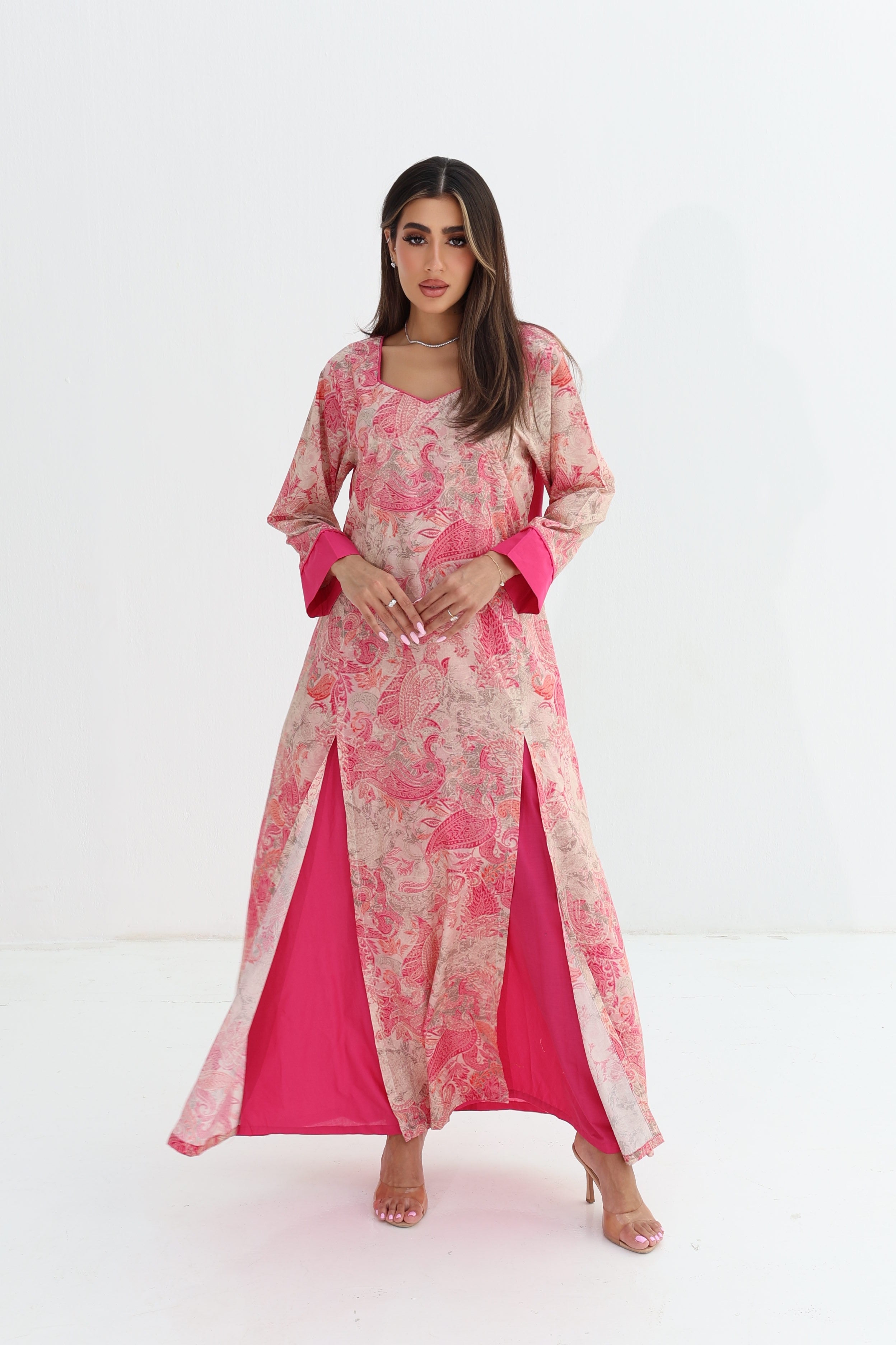 Tawoos — C03 — Blush Pink Paisley Peacock Sweetheart Neck Cotton Jalabiya
