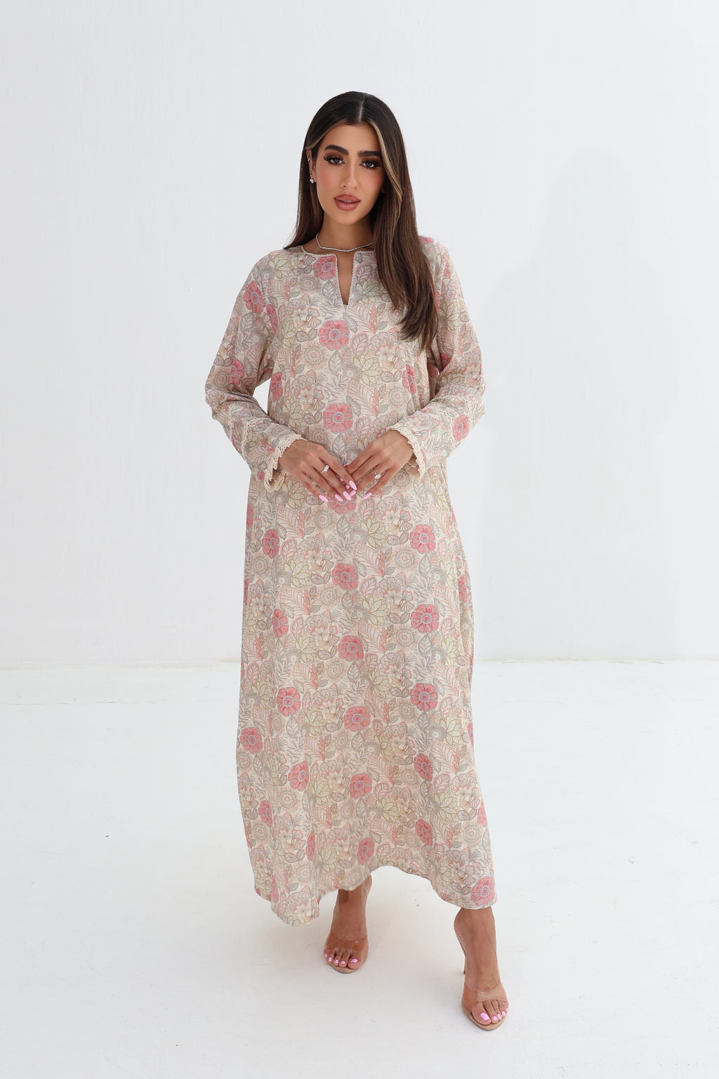Amal — C08 — Ivory Blush Rose Botanical Lace Cuff Cotton Jalabiya