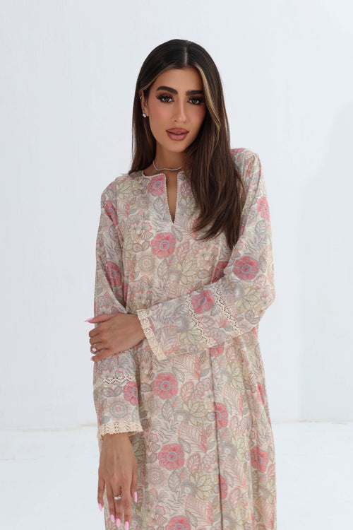Amal — C08 — Ivory Blush Rose Botanical Lace Cuff Cotton Jalabiya