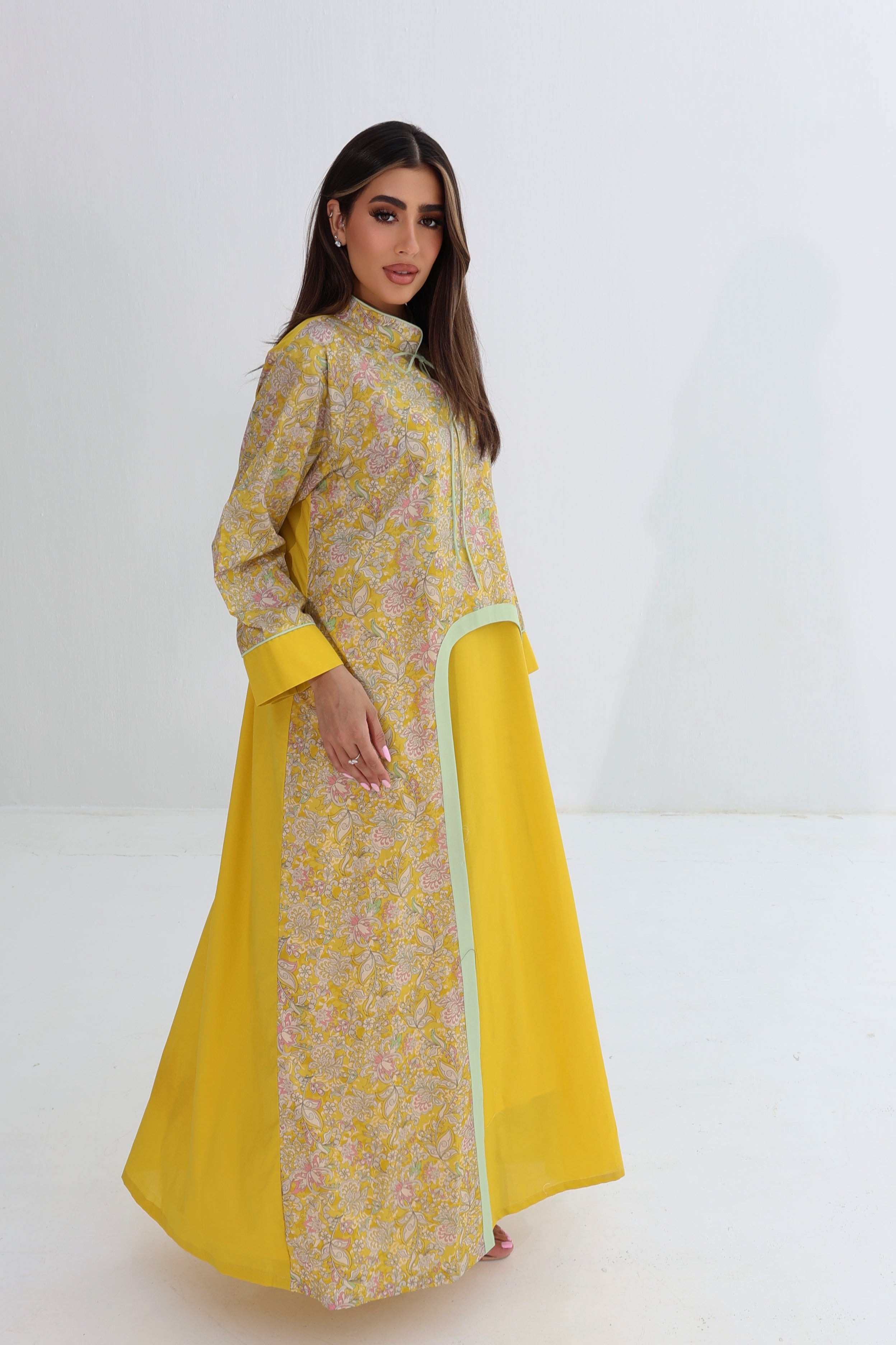 Shams — C04 — Sunshine Yellow Floral Mandarin Collar Open Front Cotton Jalabiya