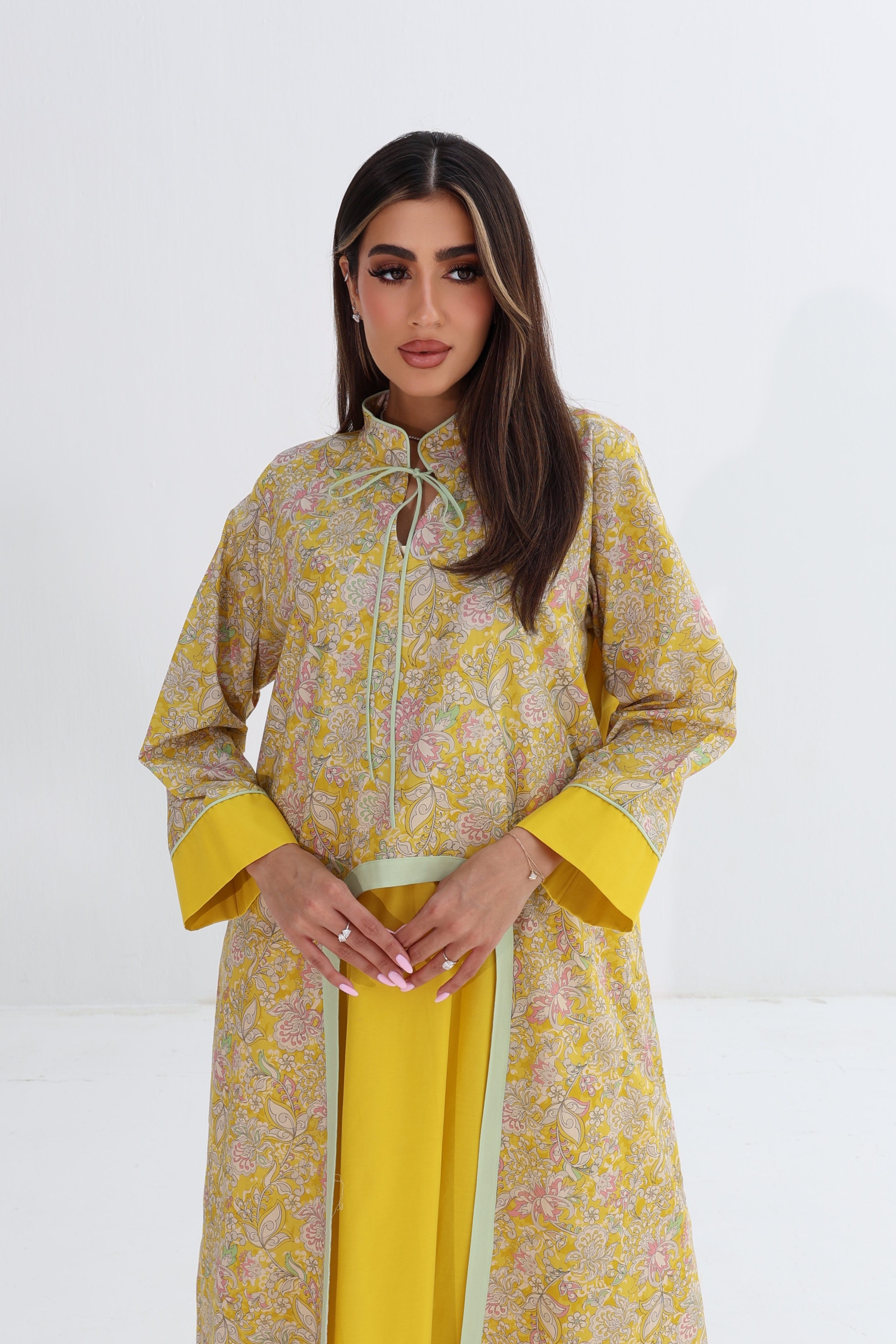Shams — C04 — Sunshine Yellow Floral Mandarin Collar Open Front Cotton Jalabiya