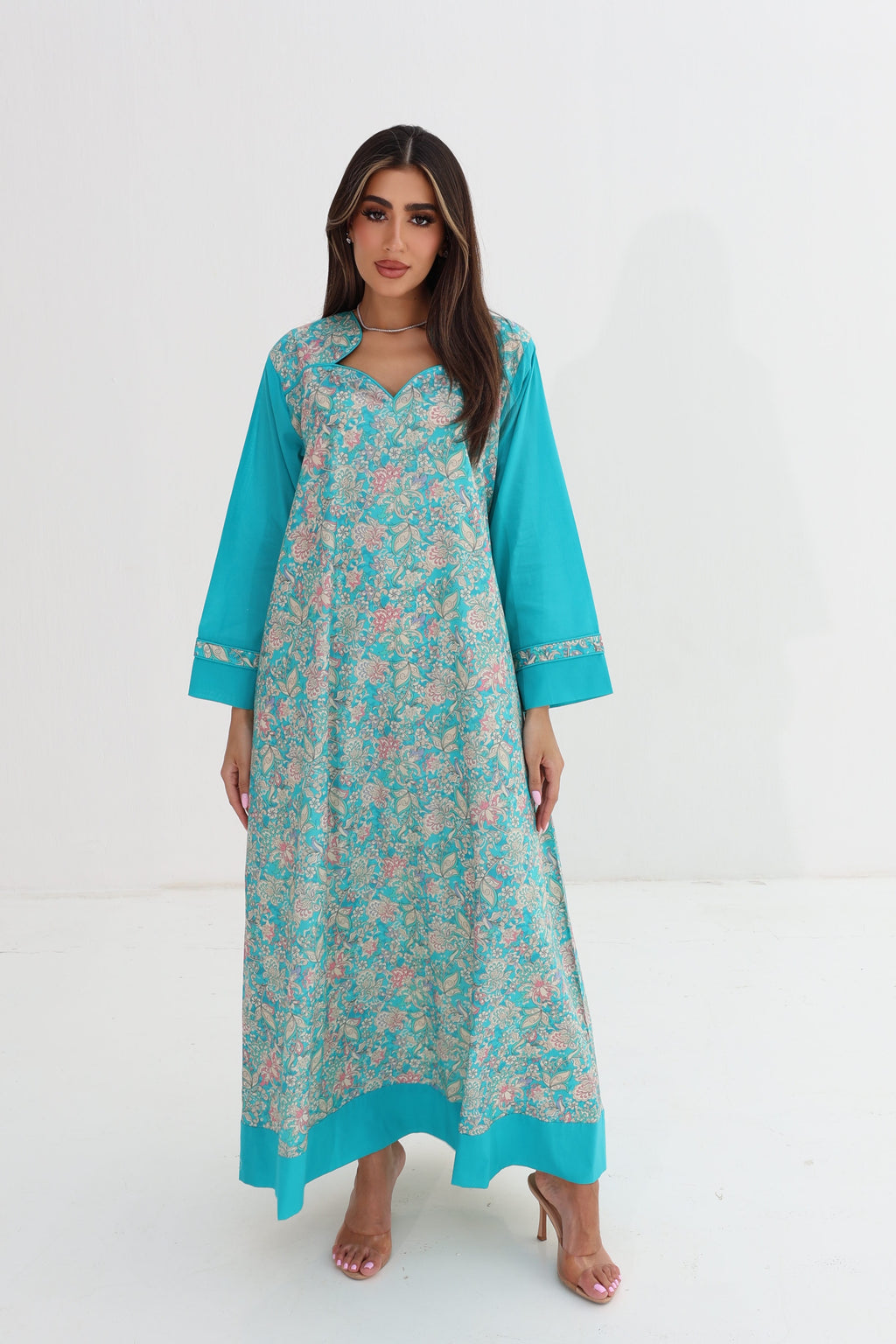 Bahar — C05 — Turquoise Tropical Floral Contrast Sleeve Cotton Jalabiya