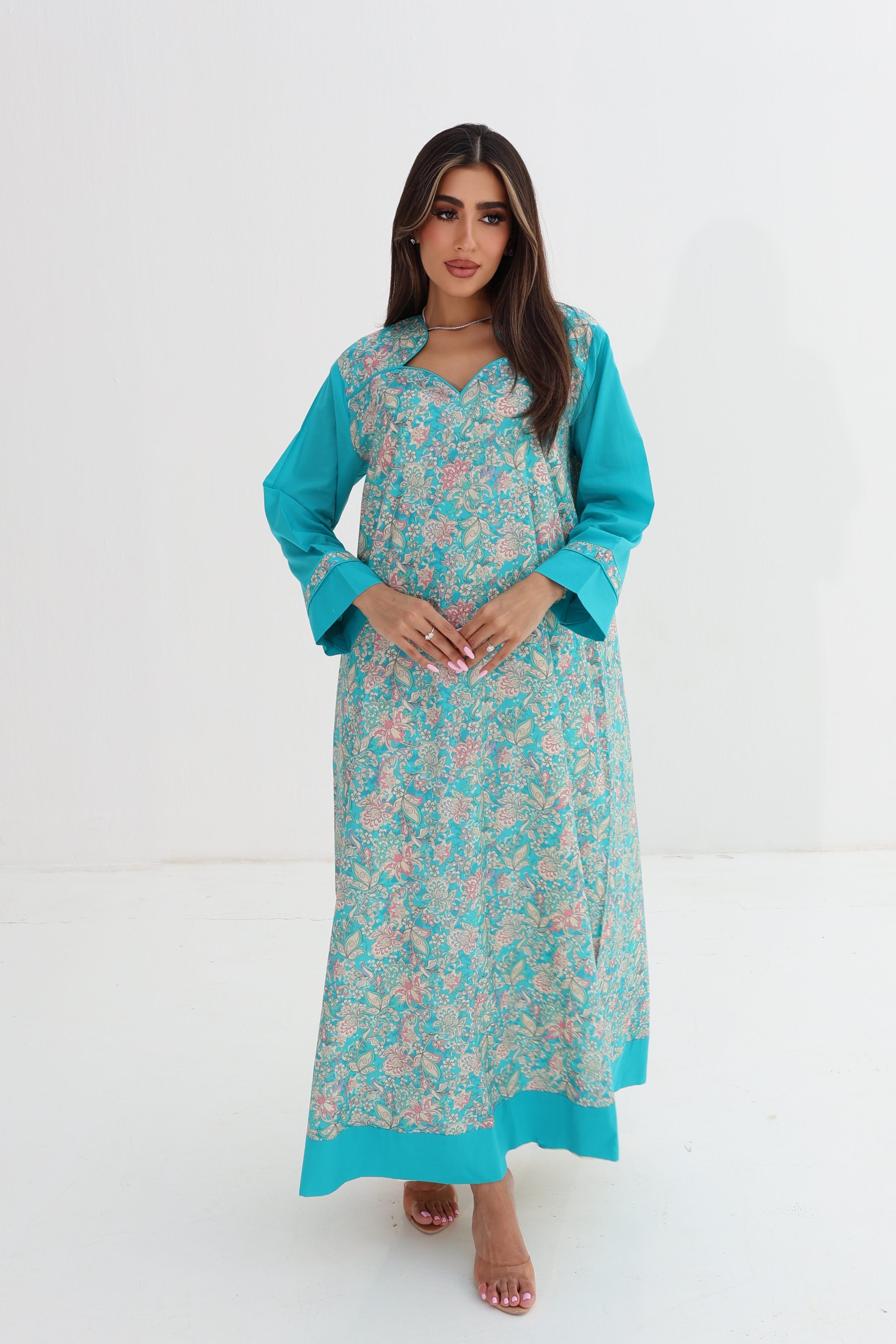 Bahar — C05 — Turquoise Tropical Floral Contrast Sleeve Cotton Jalabiya