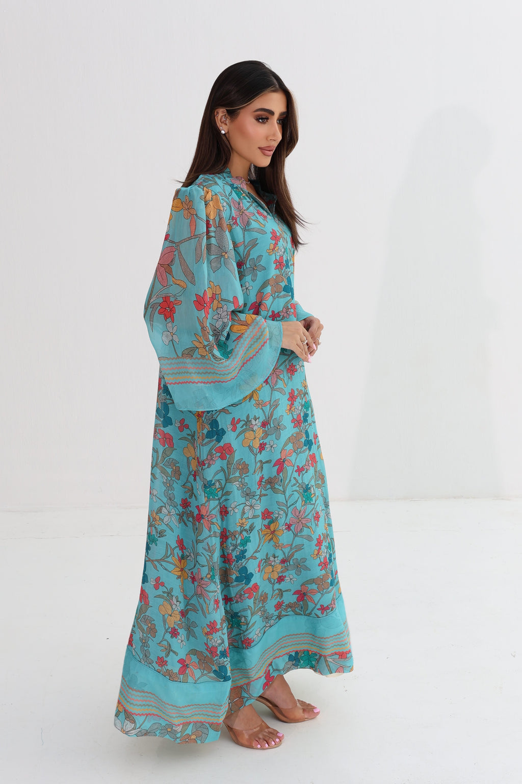 Fairouz — C06 — Teal Botanical Floral Sheer Bell Sleeve Cotton Jalabiya