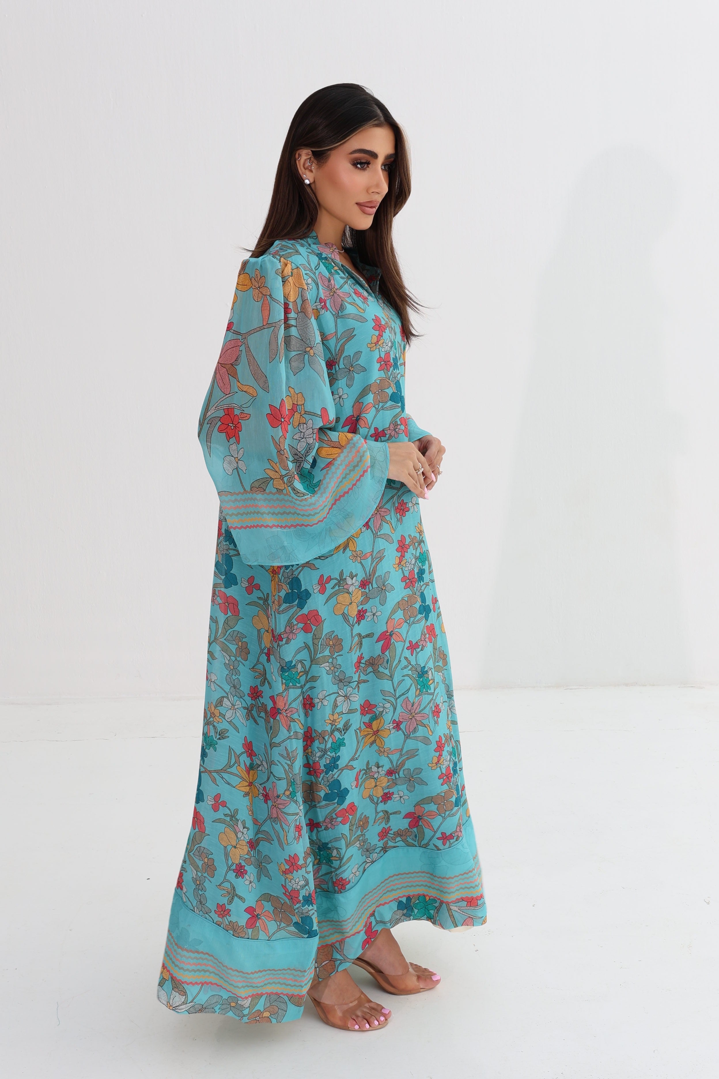 Fairouz — C06 — Teal Botanical Floral Sheer Bell Sleeve Cotton Jalabiya
