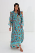 Fairouz — C06 — Teal Botanical Floral Sheer Bell Sleeve Cotton Jalabiya