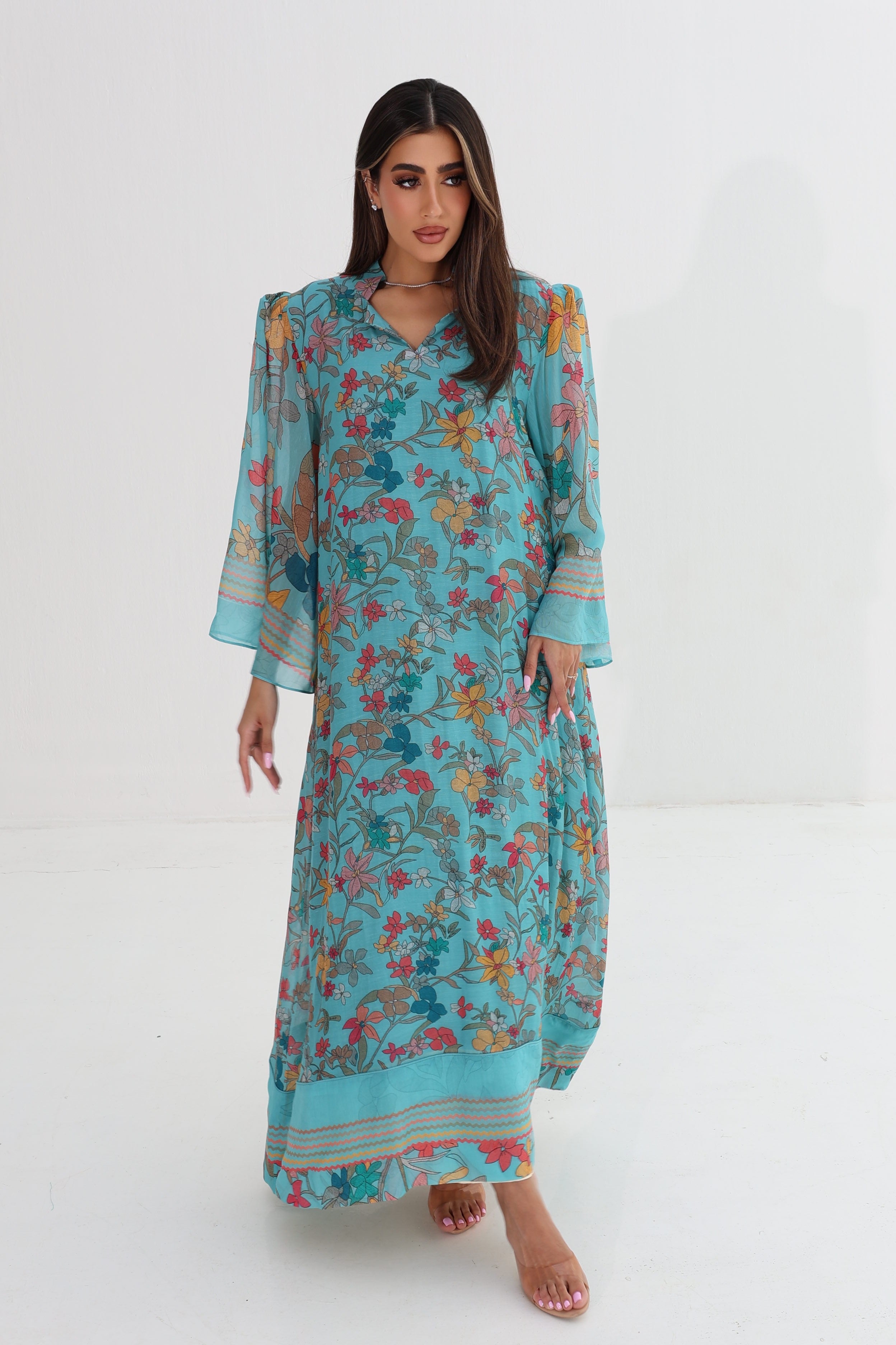 Fairouz — C06 — Teal Botanical Floral Sheer Bell Sleeve Cotton Jalabiya