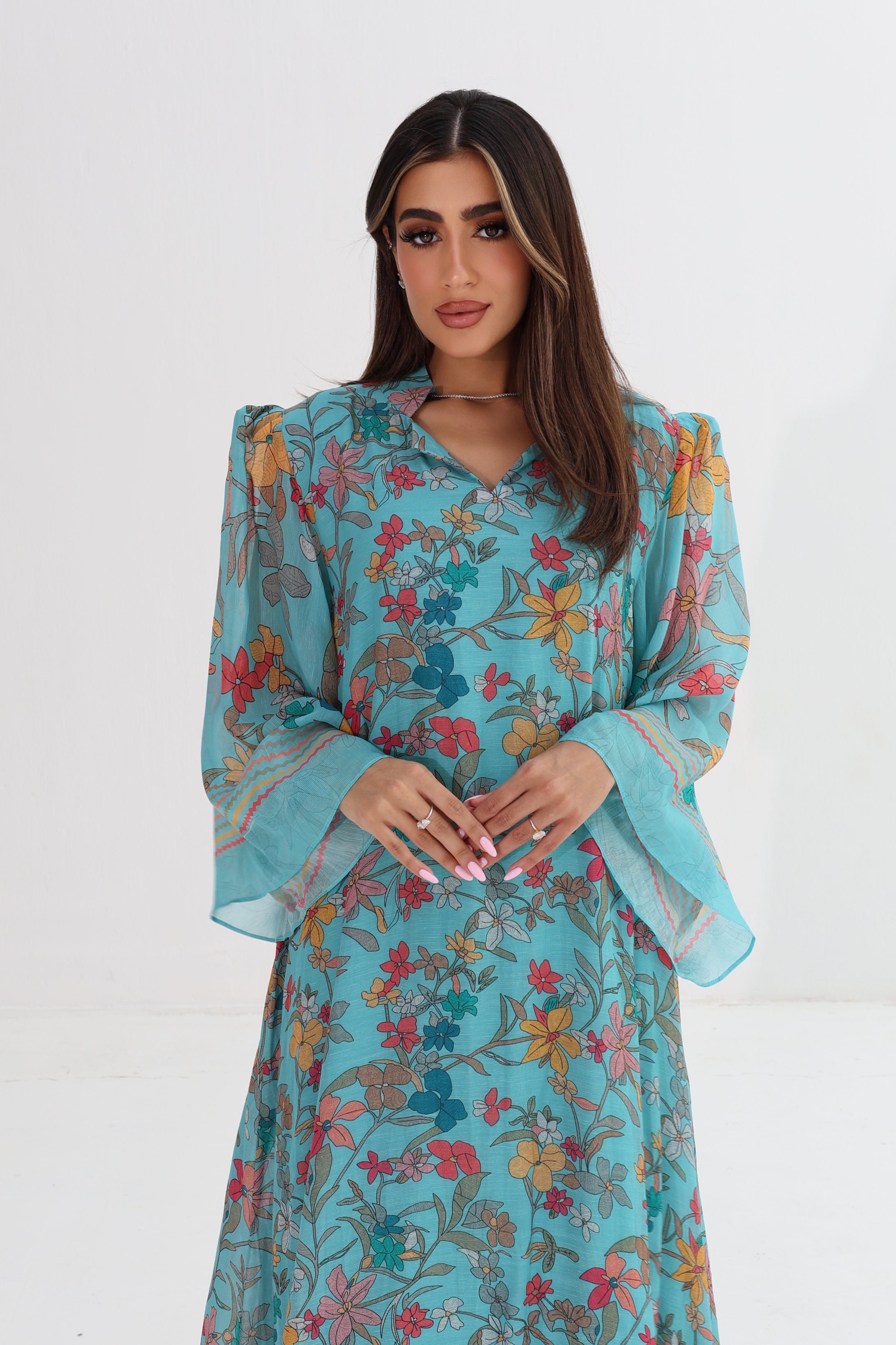Fairouz — C06 — Teal Botanical Floral Sheer Bell Sleeve Cotton Jalabiya
