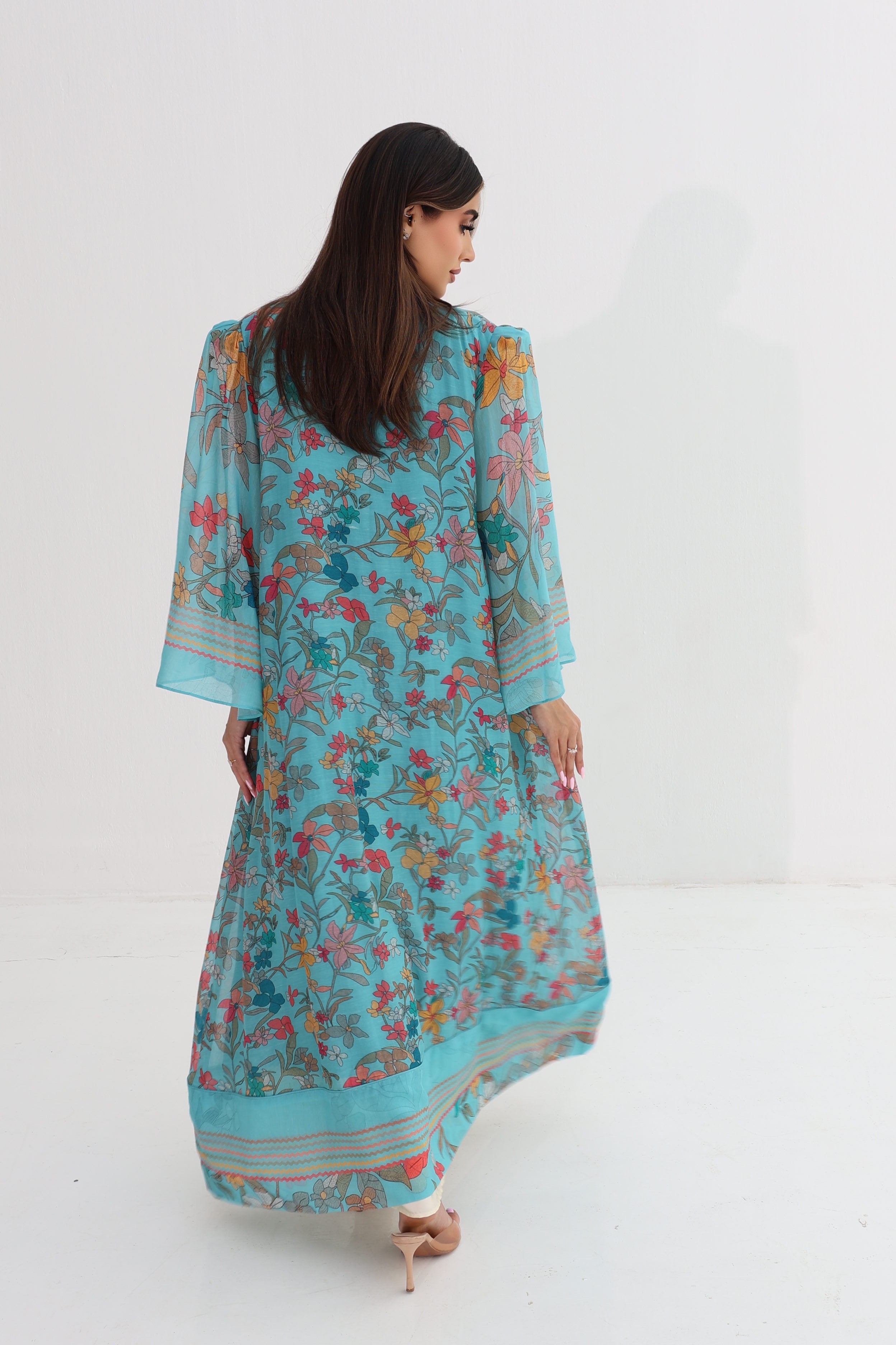 Fairouz — C06 — Teal Botanical Floral Sheer Bell Sleeve Cotton Jalabiya
