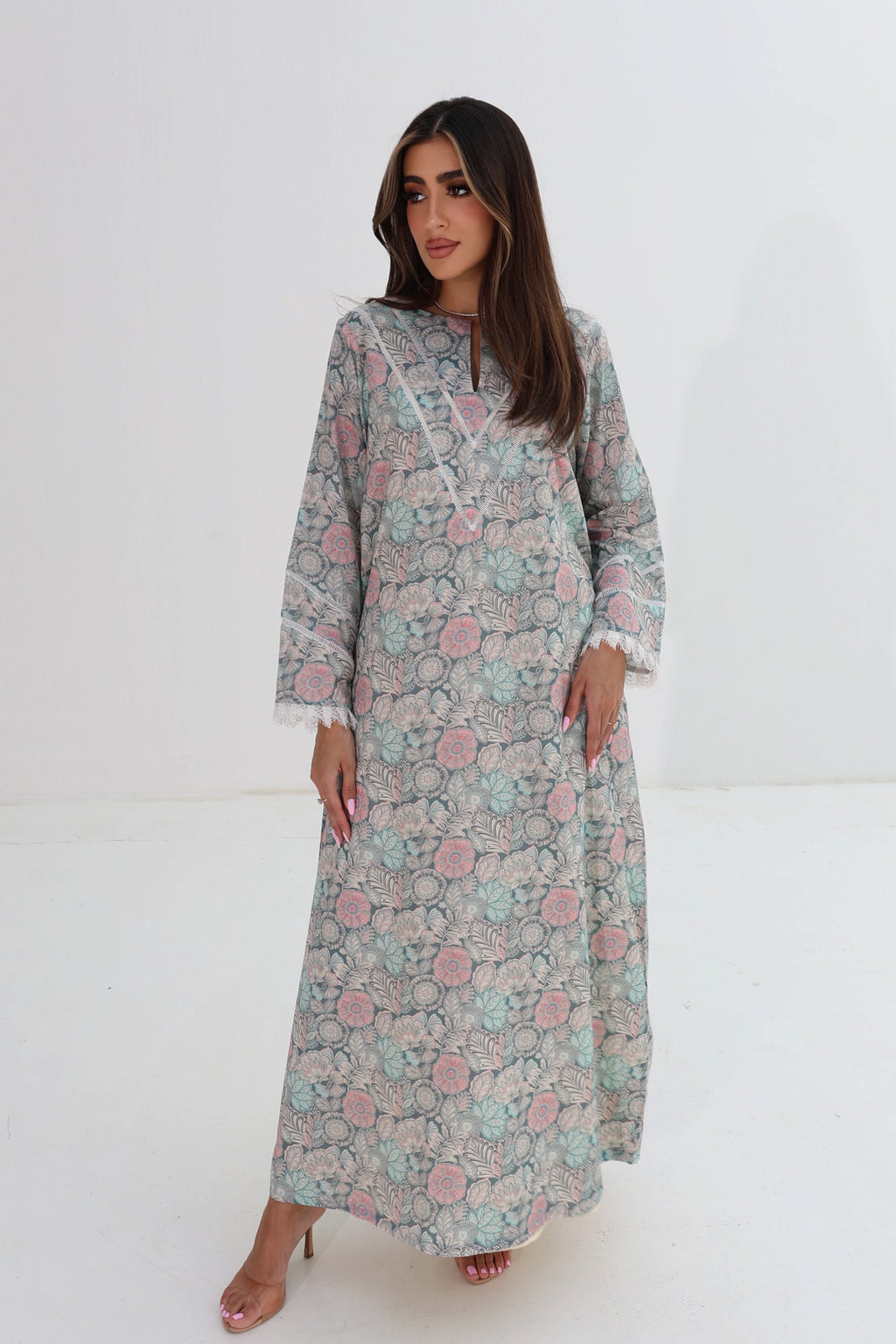 Lujain — C07 — Sage Pastel Floral Medallion Lace Trim Cotton Jalabiya