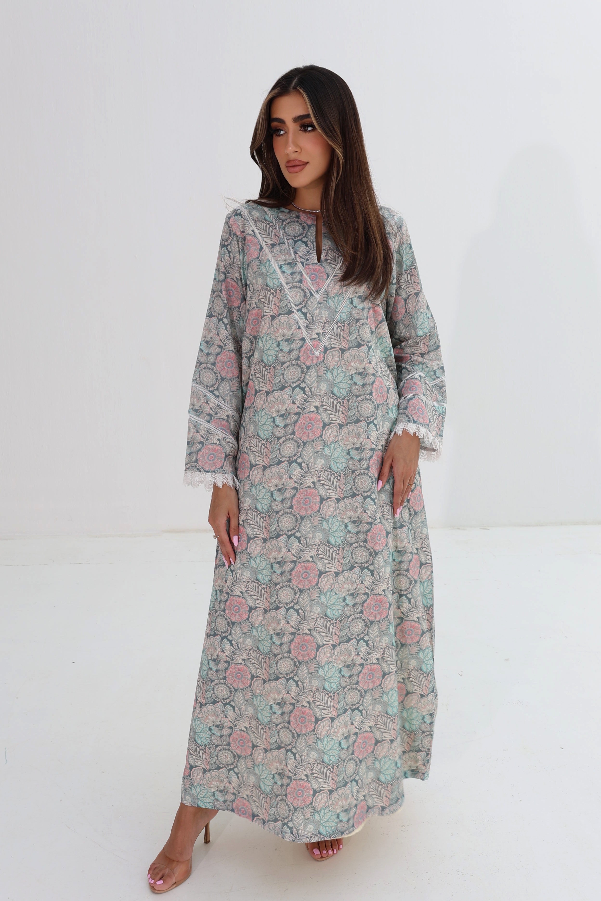 Lujain — C07 — Sage Pastel Floral Medallion Lace Trim Cotton Jalabiya