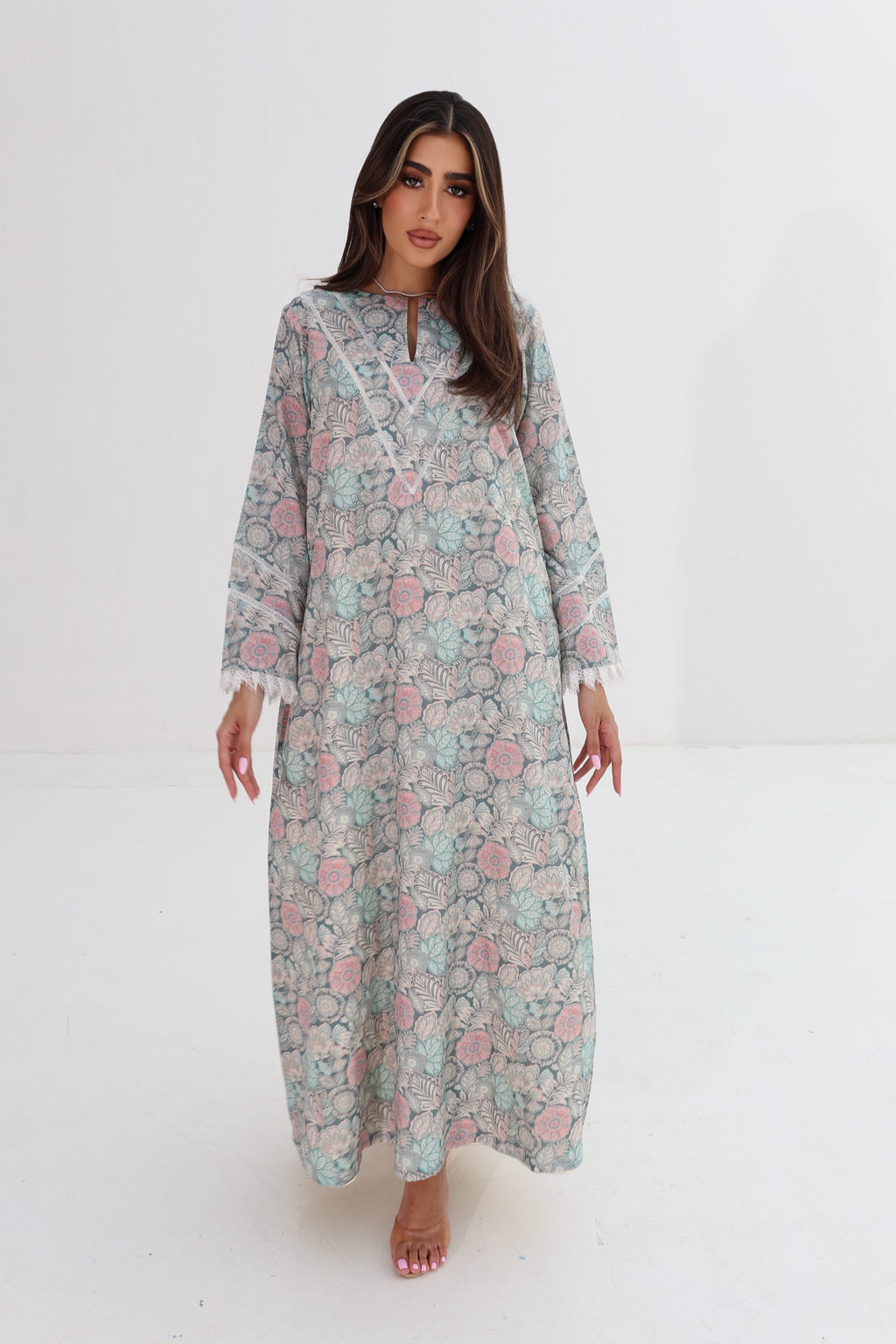 Lujain — C07 — Sage Pastel Floral Medallion Lace Trim Cotton Jalabiya