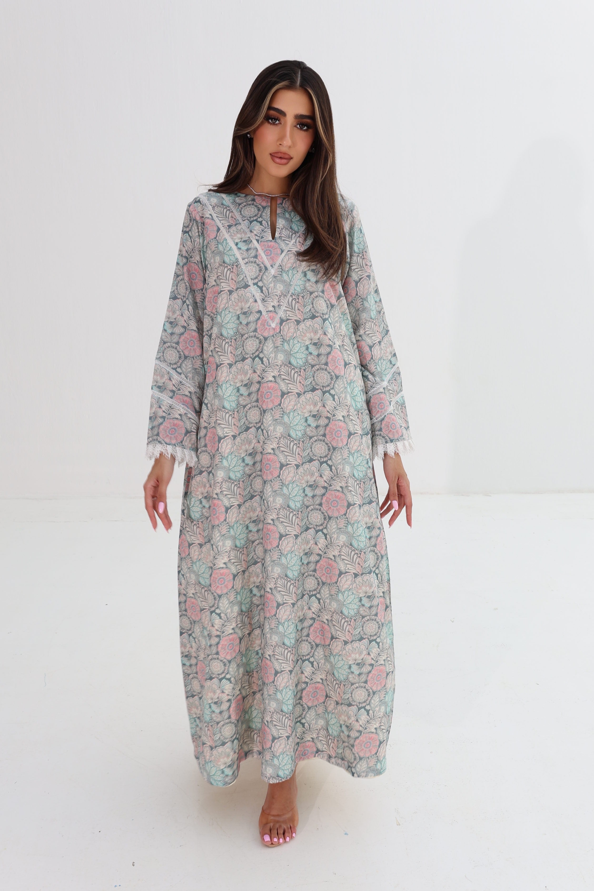 Lujain — C07 — Sage Pastel Floral Medallion Lace Trim Cotton Jalabiya