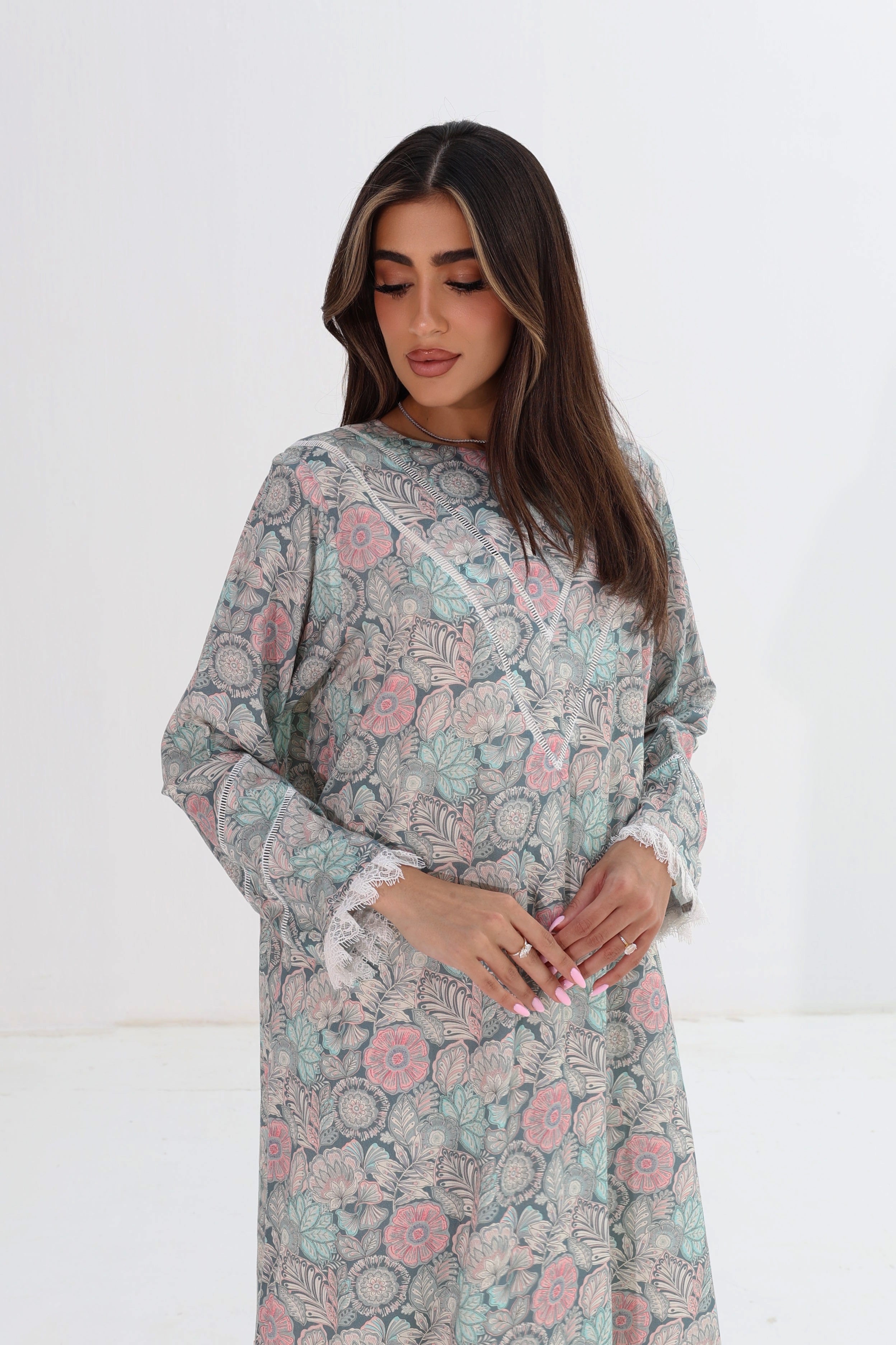 Lujain — C07 — Sage Pastel Floral Medallion Lace Trim Cotton Jalabiya