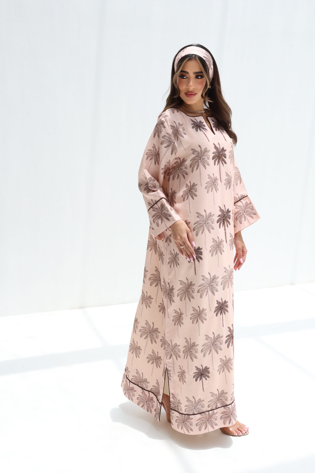 Blush Palm — L162 — Dusty Rose Palm Print Linen Jalabiya