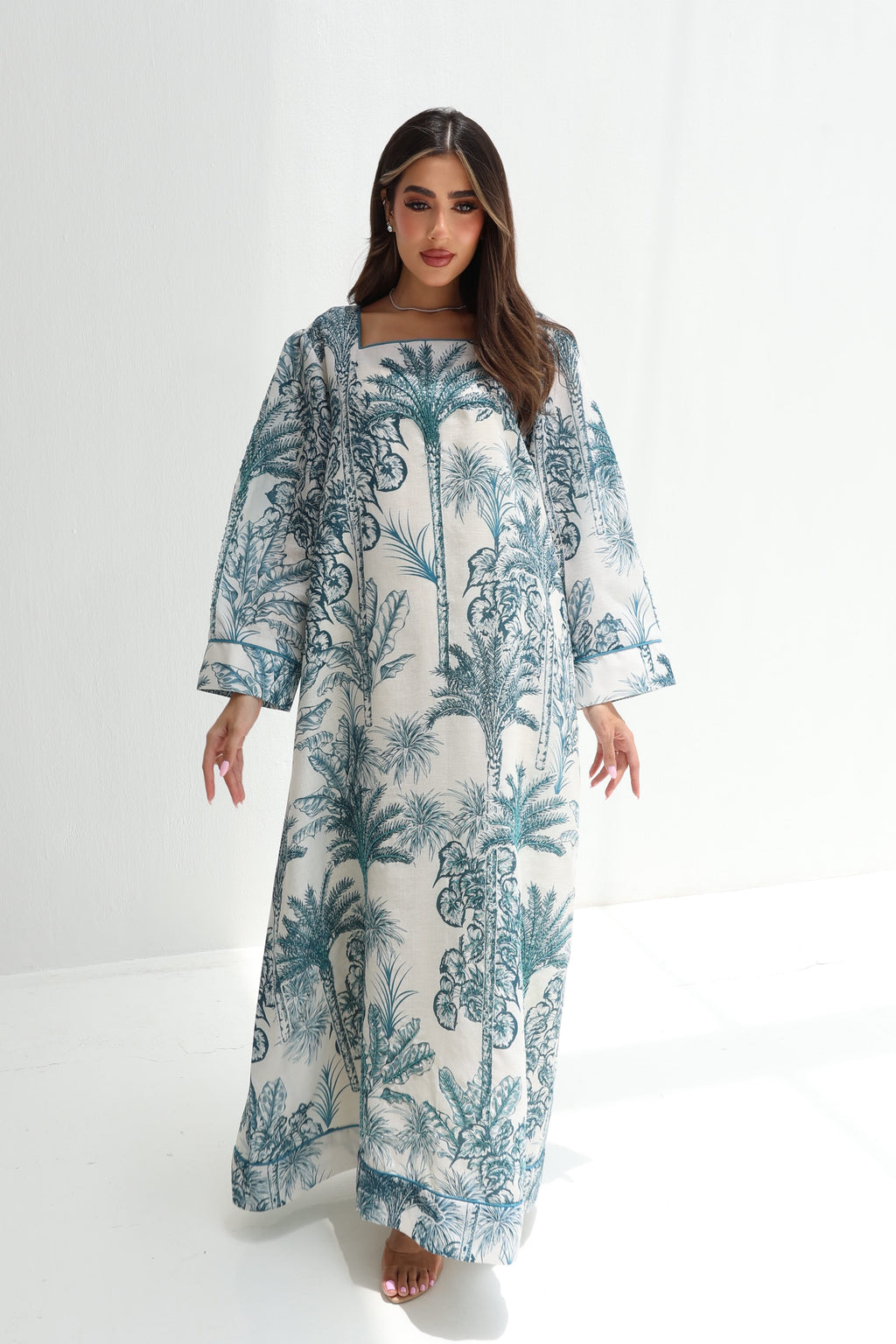 Zuhour — L193 — Jungle Palm Toile Linen Jalabiya with Embroidery