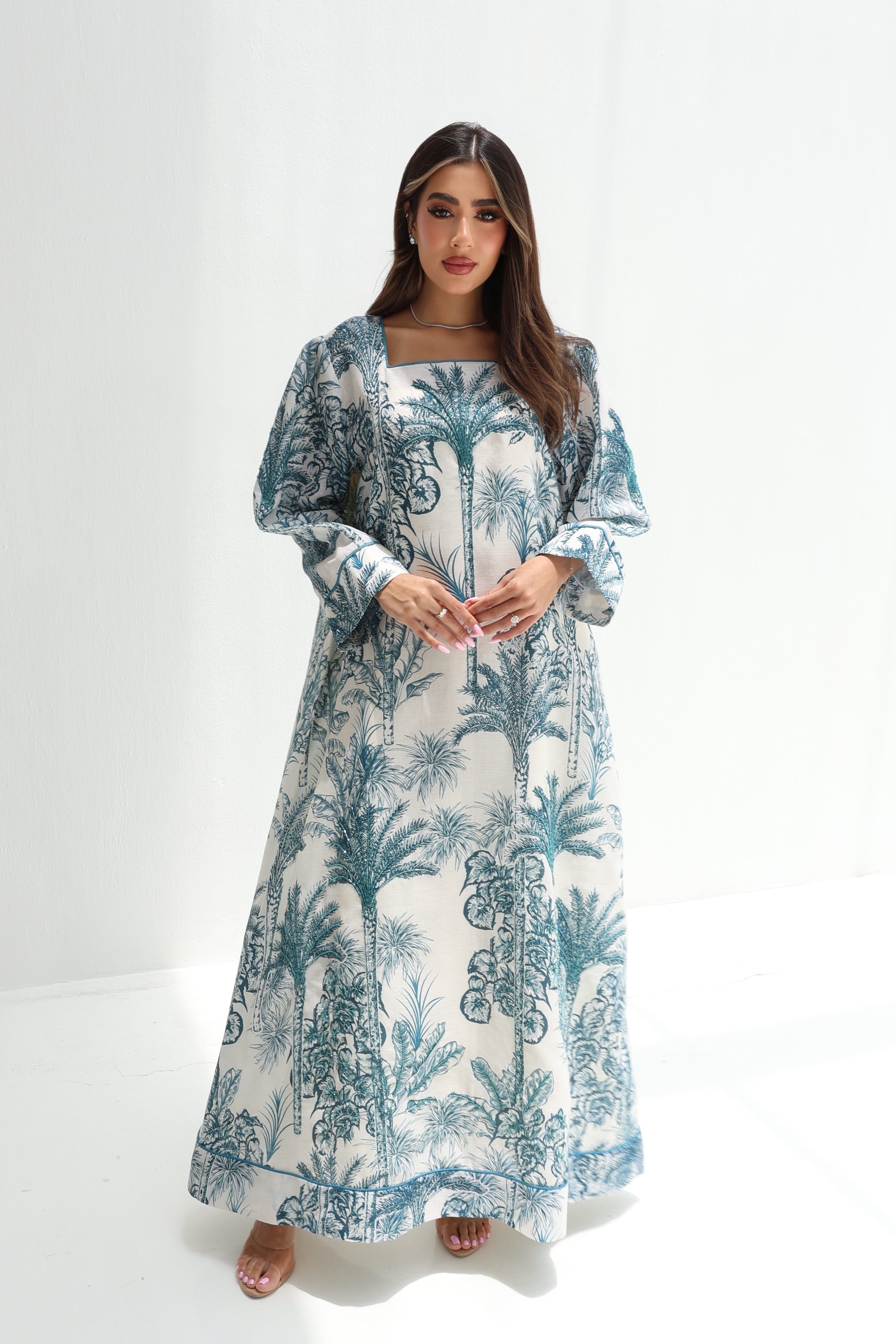 Zuhour — L193 — Jungle Palm Toile Linen Jalabiya with Embroidery
