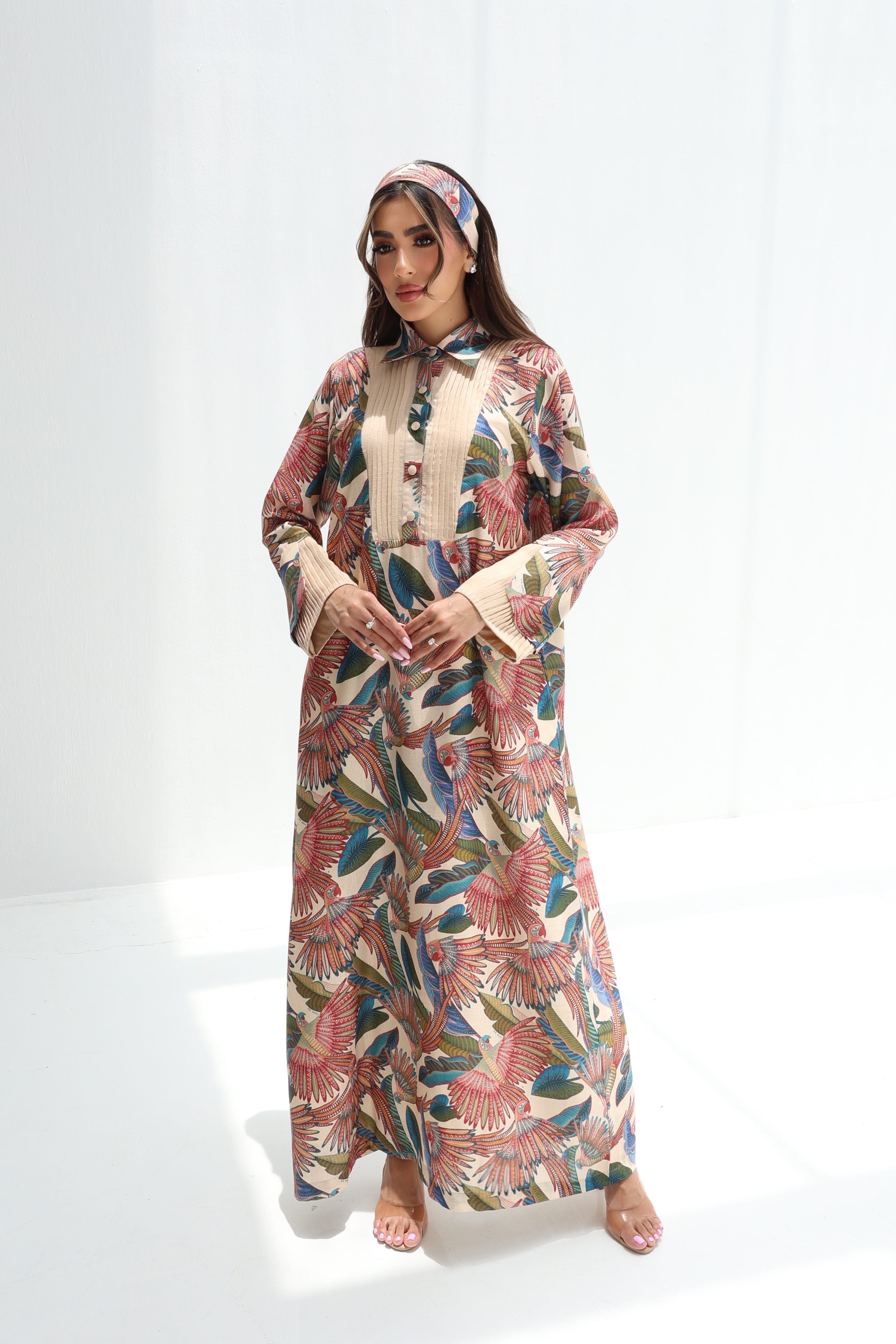 Tawoos — L169 — Exotic Bird Print Linen Jalabiya