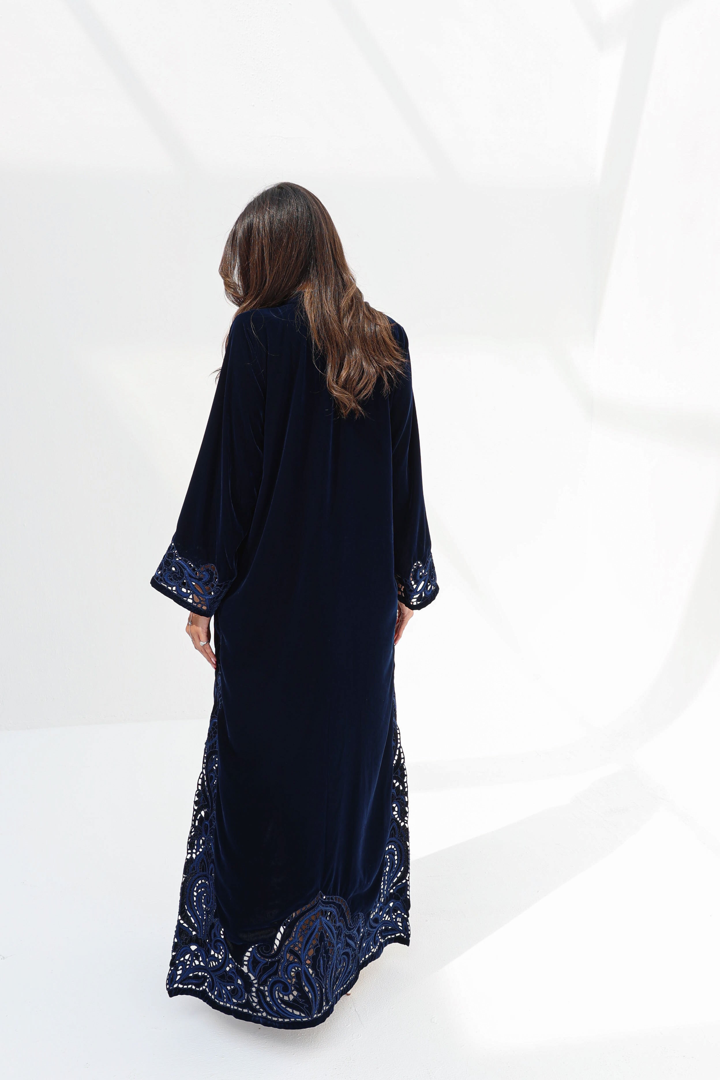 Layla Al Bahr — Velvet 2 - Navy Velvet Lace Embroidered Jalabiya