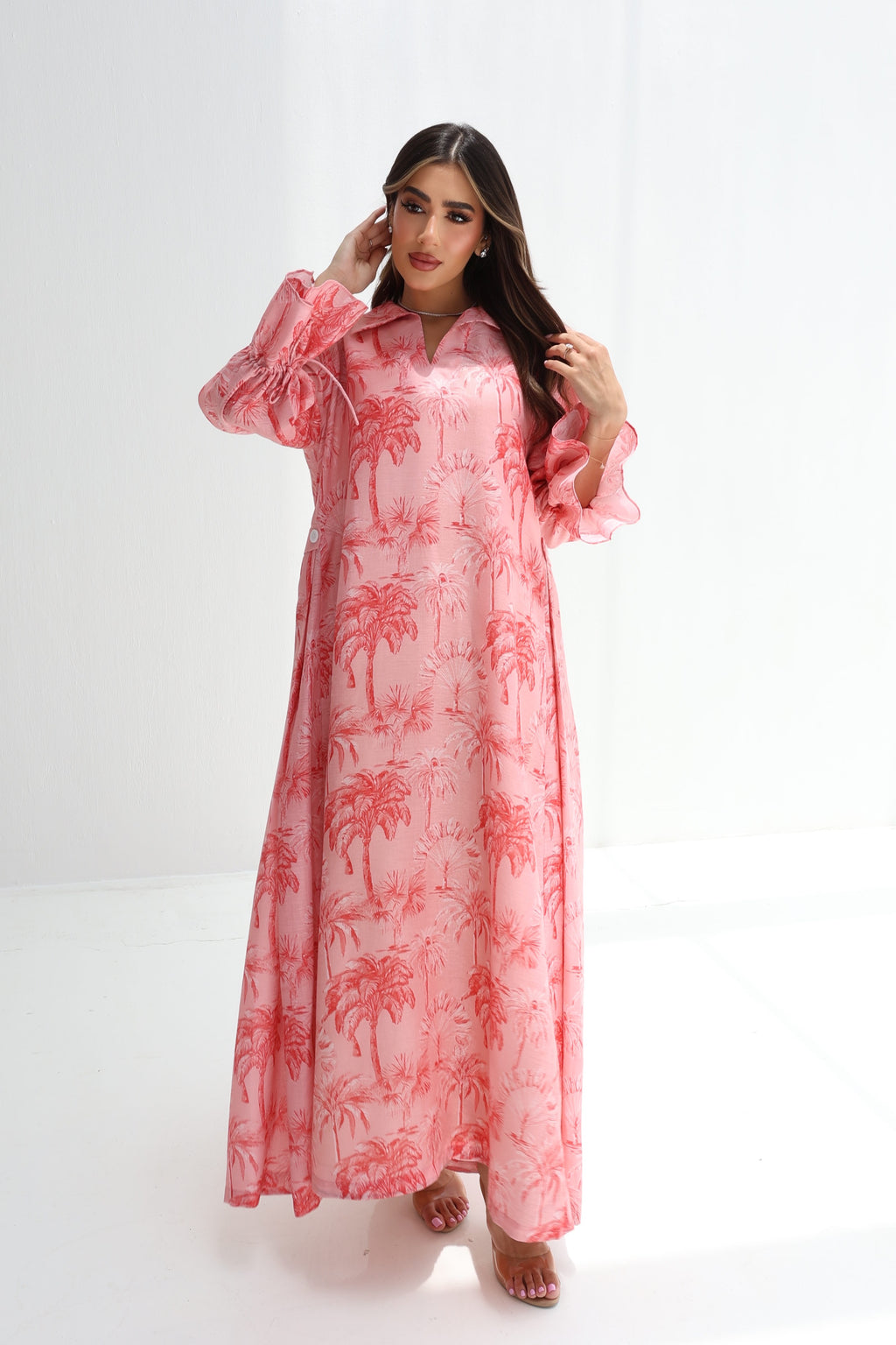 Wardah — L166 — Blush Palm Print Linen Jalabiya