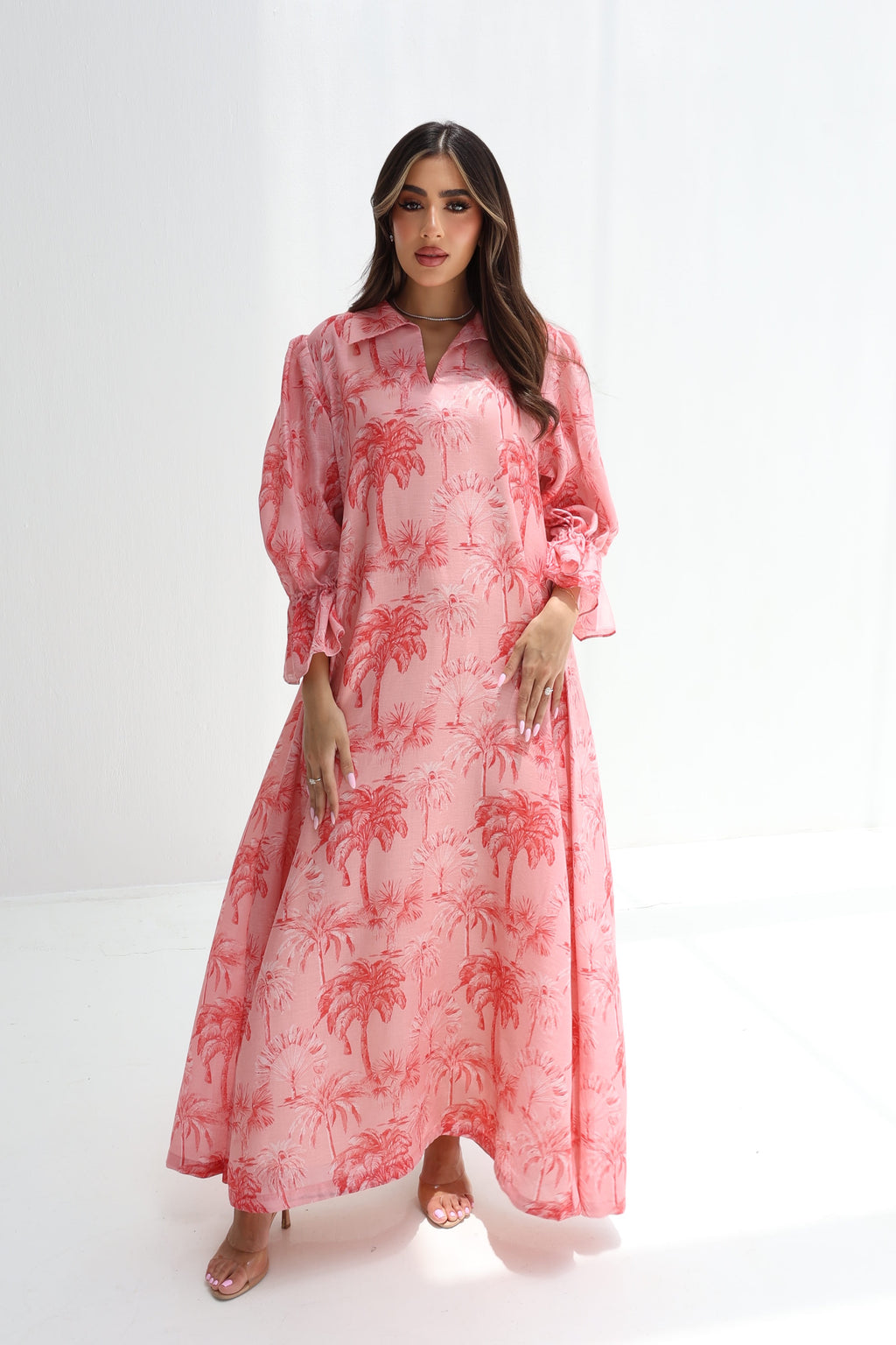 Wardah — L166 — Blush Palm Print Linen Jalabiya