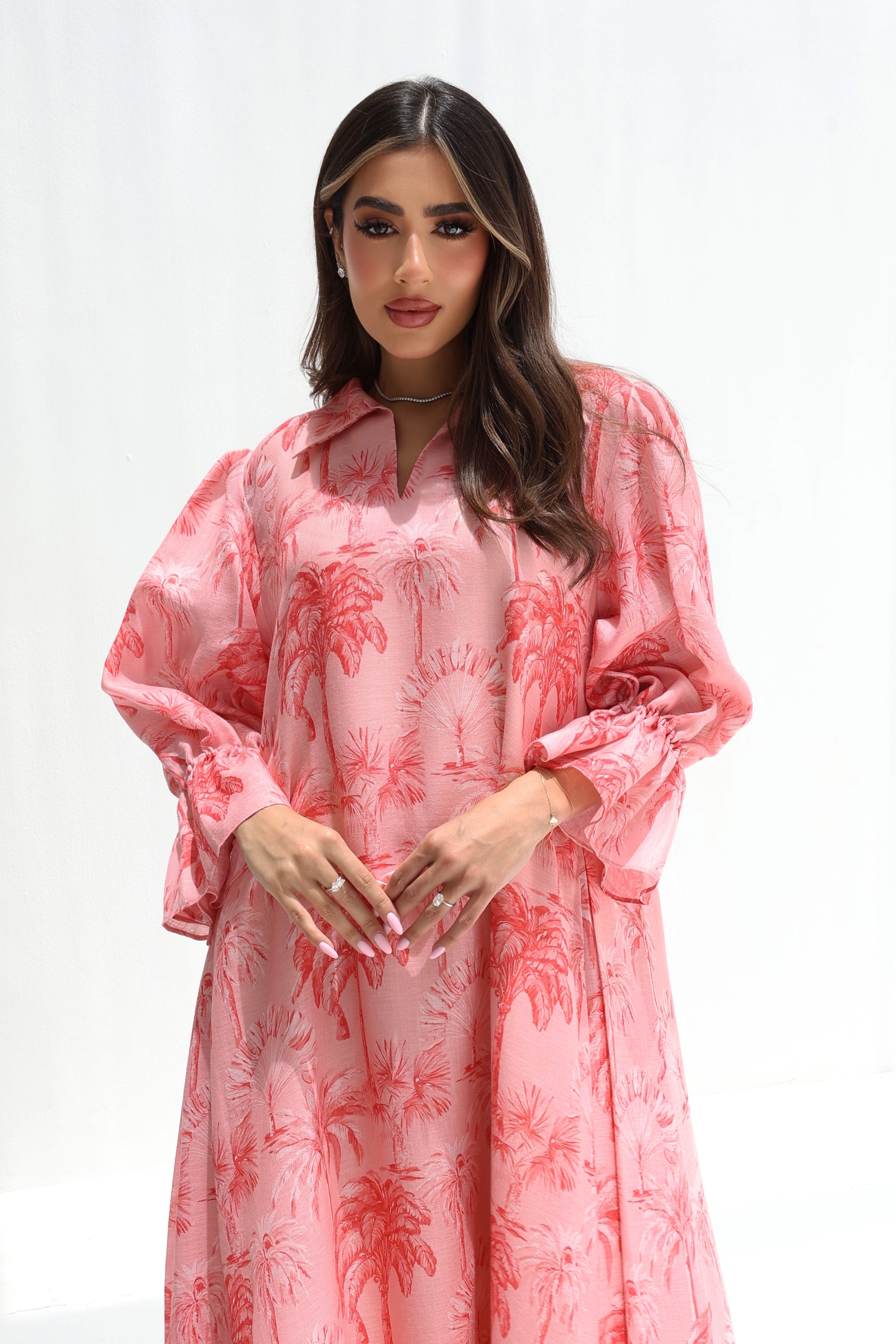 Wardah — L166 — Blush Palm Print Linen Jalabiya