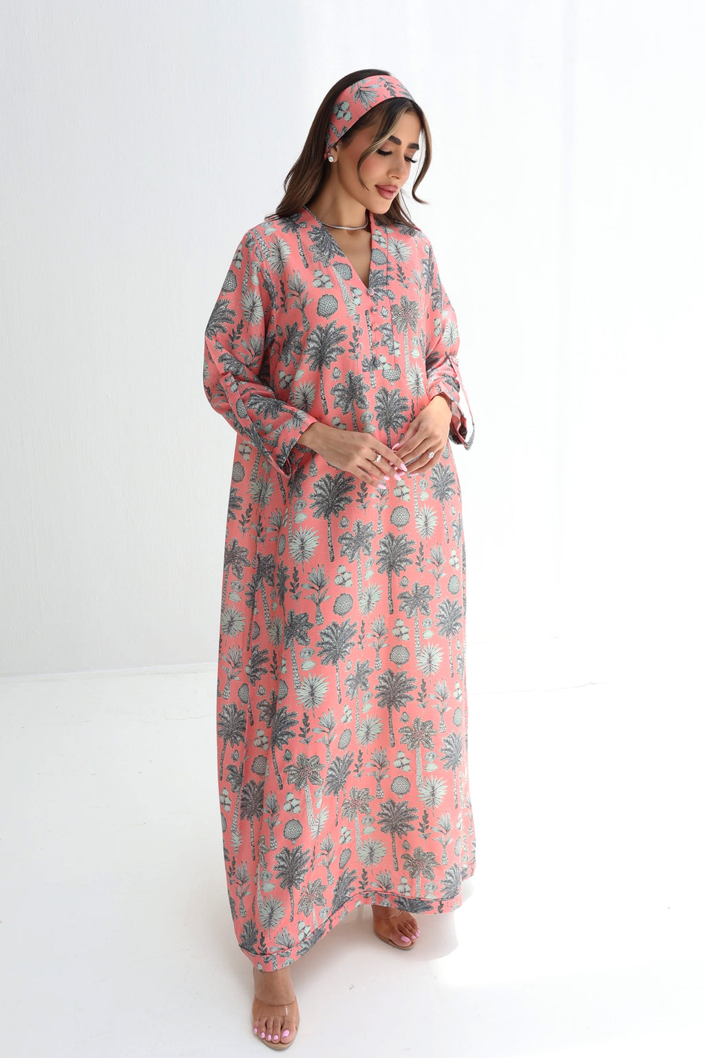 Nakhla — L167 — Coral Palm Print Linen Jalabiya with Embroidery