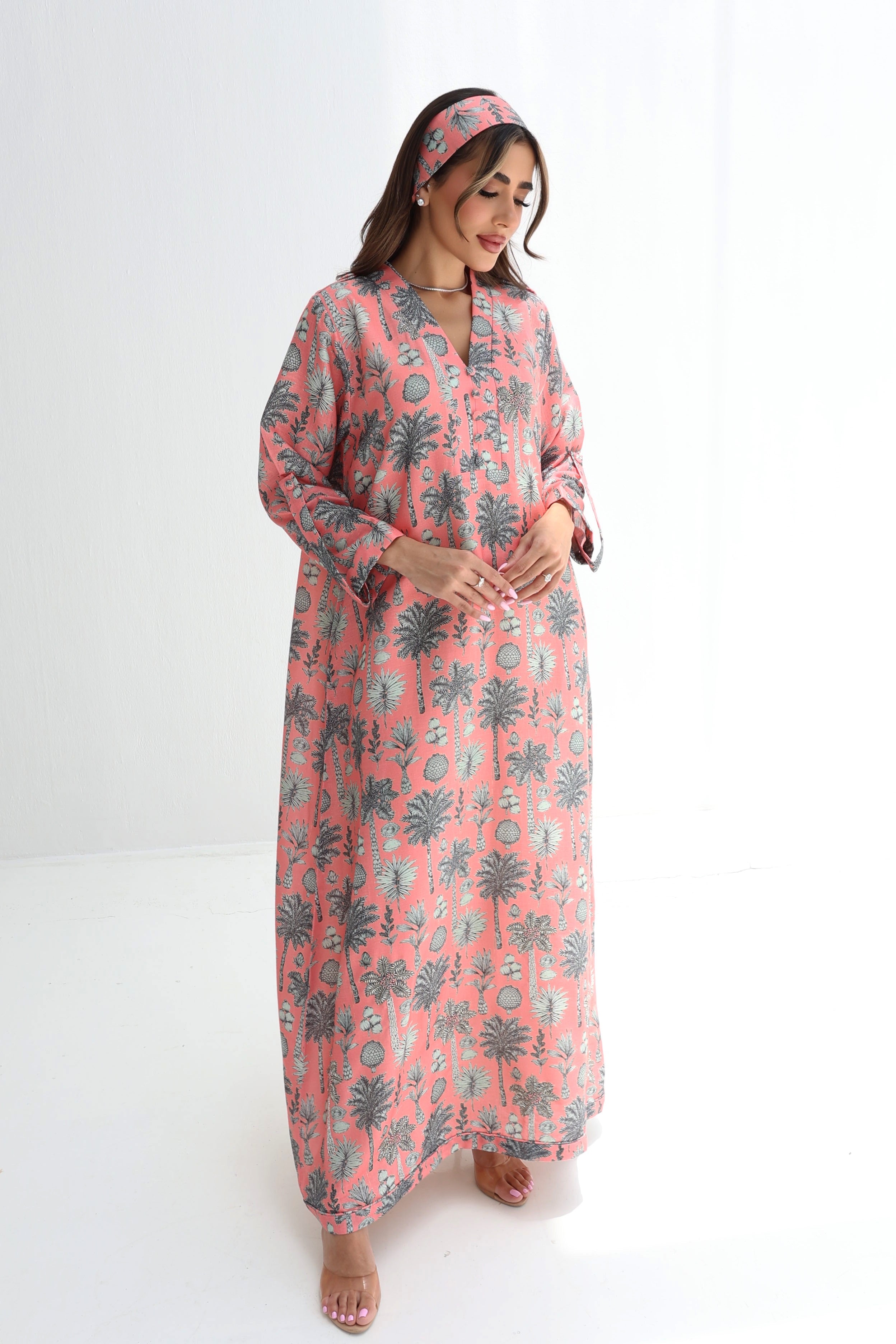 Nakhla — L167 — Coral Palm Print Linen Jalabiya with Embroidery