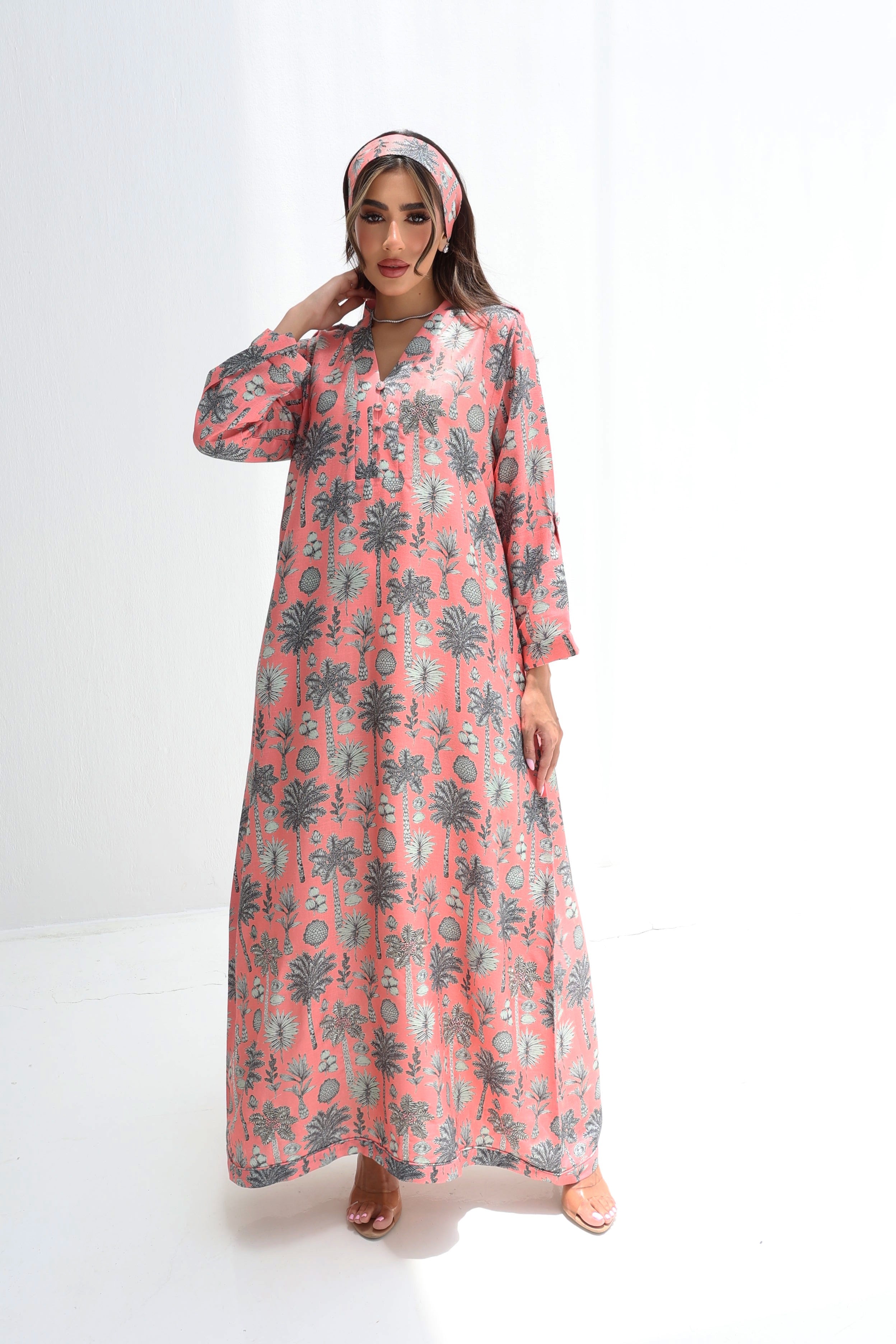 Nakhla — L167 — Coral Palm Print Linen Jalabiya with Embroidery