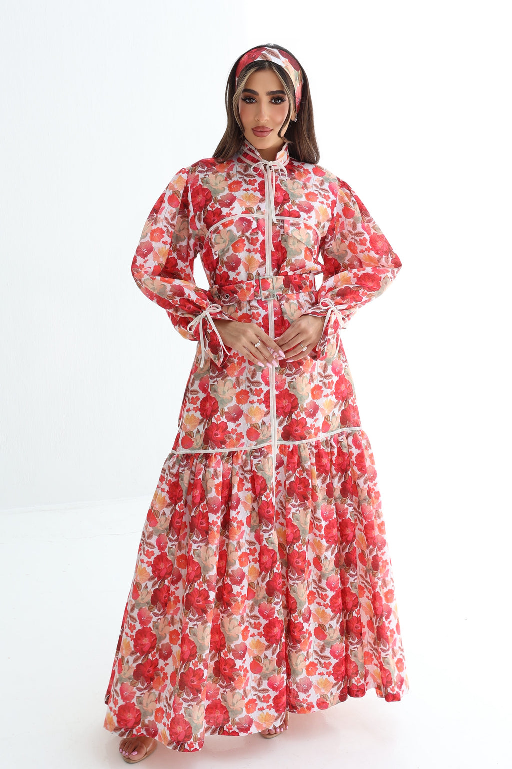 Zahra — L170 — Red Floral Print Linen Jalabiya