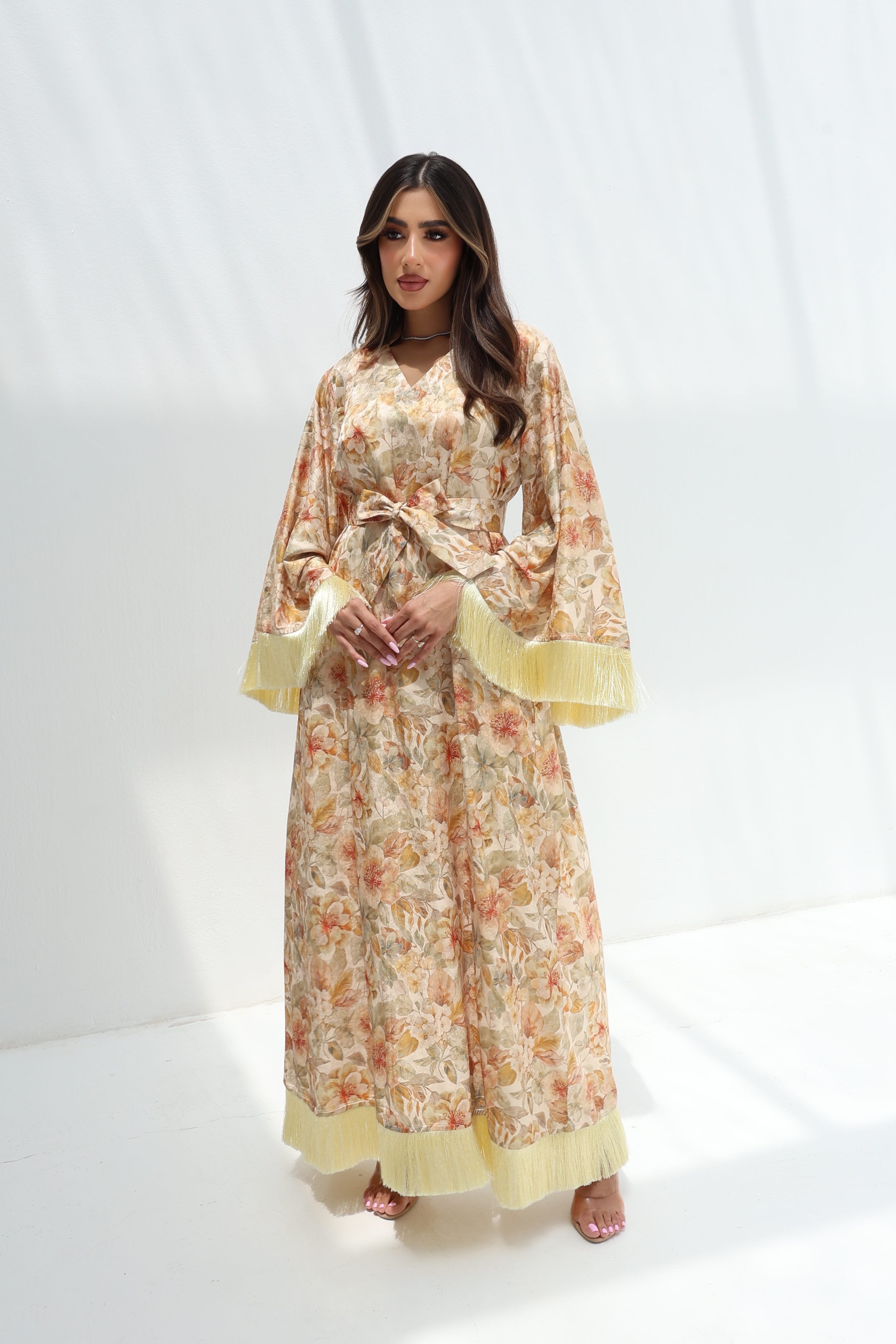 Zahra — L127 · Fringe Floral Silk Jalabiya