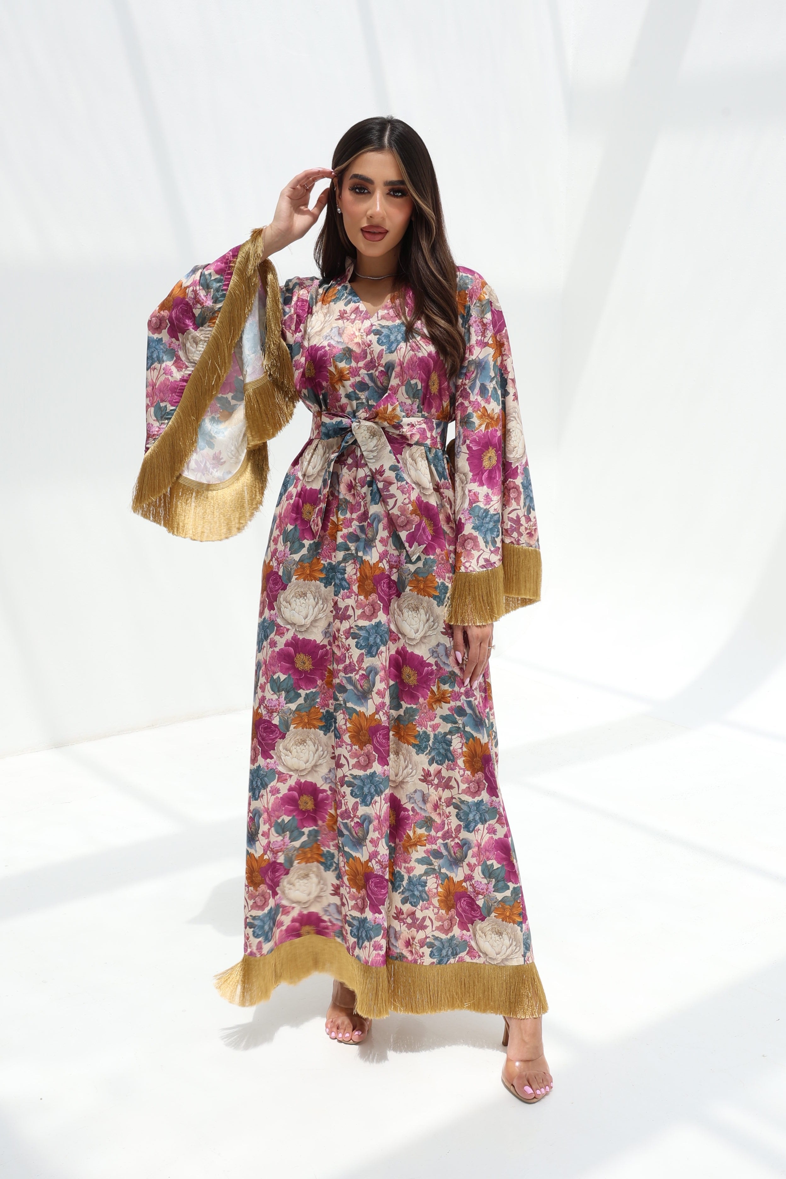 Zahra — L127 · Fringe Floral Silk Jalabiya