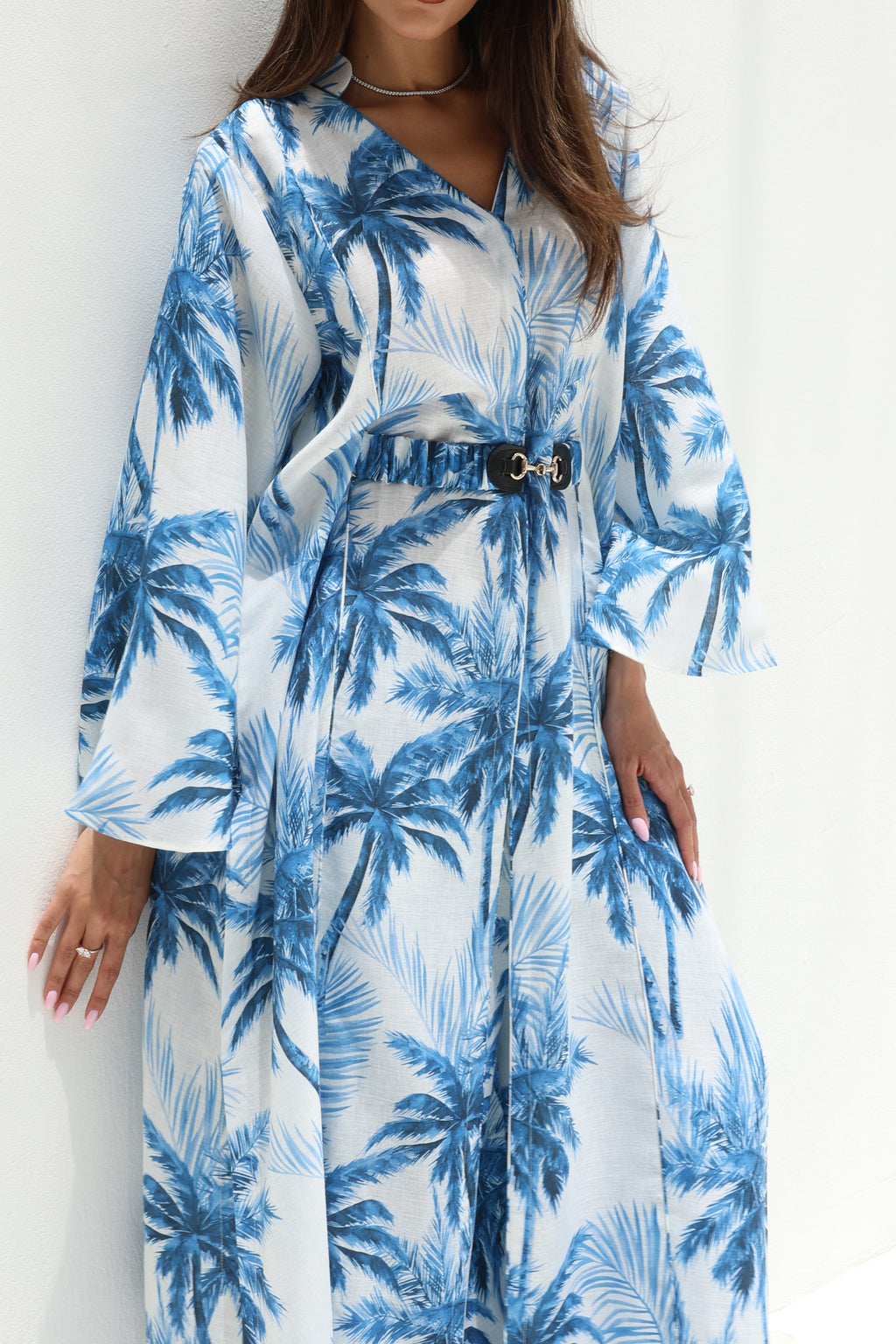 Nakheel Al Bahr — Blue Palm Print Linen Abaya Set