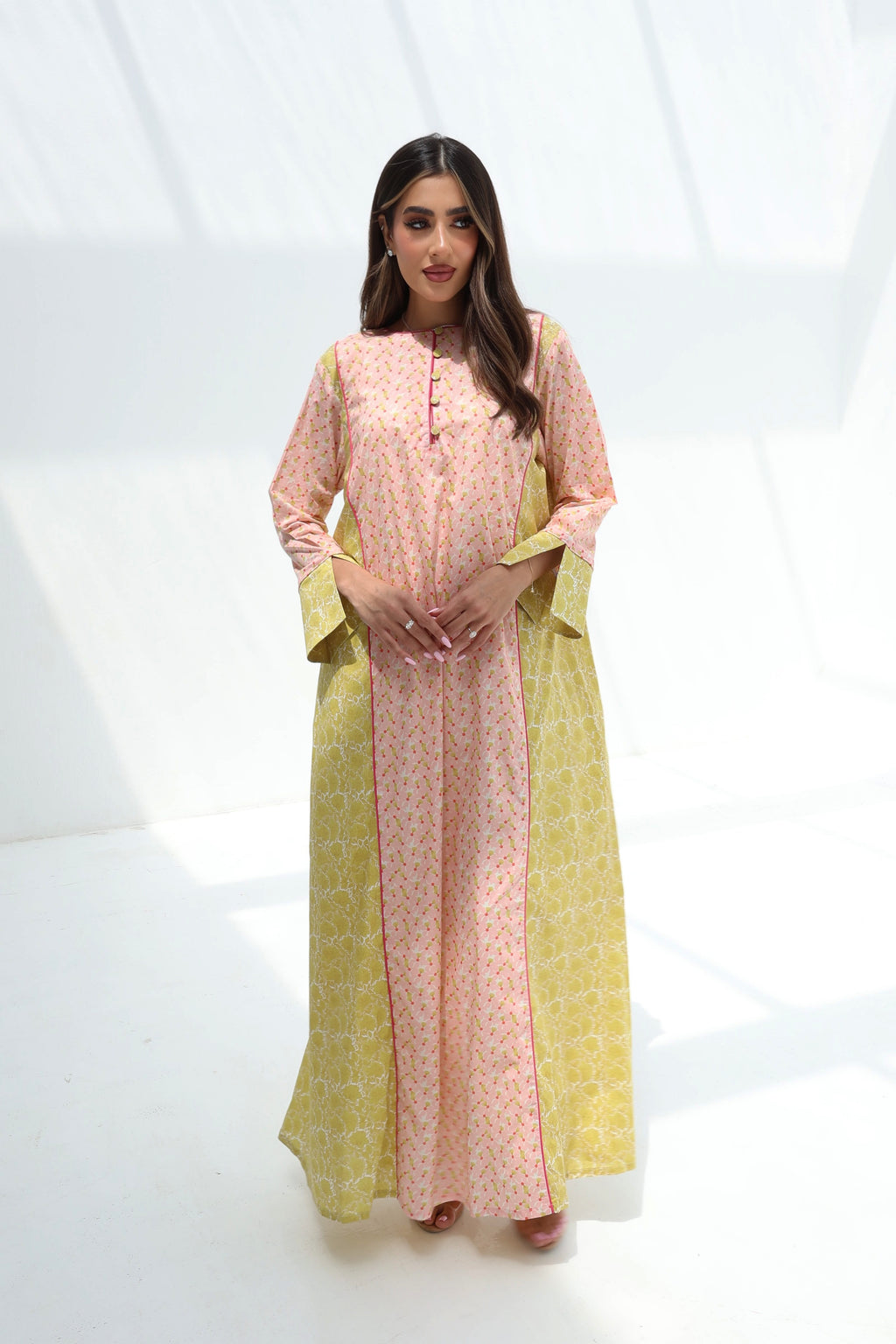 Nadia — C16 — Blush & Chartreuse Ditsy Floral Contrast Panel Cotton Jalabiya