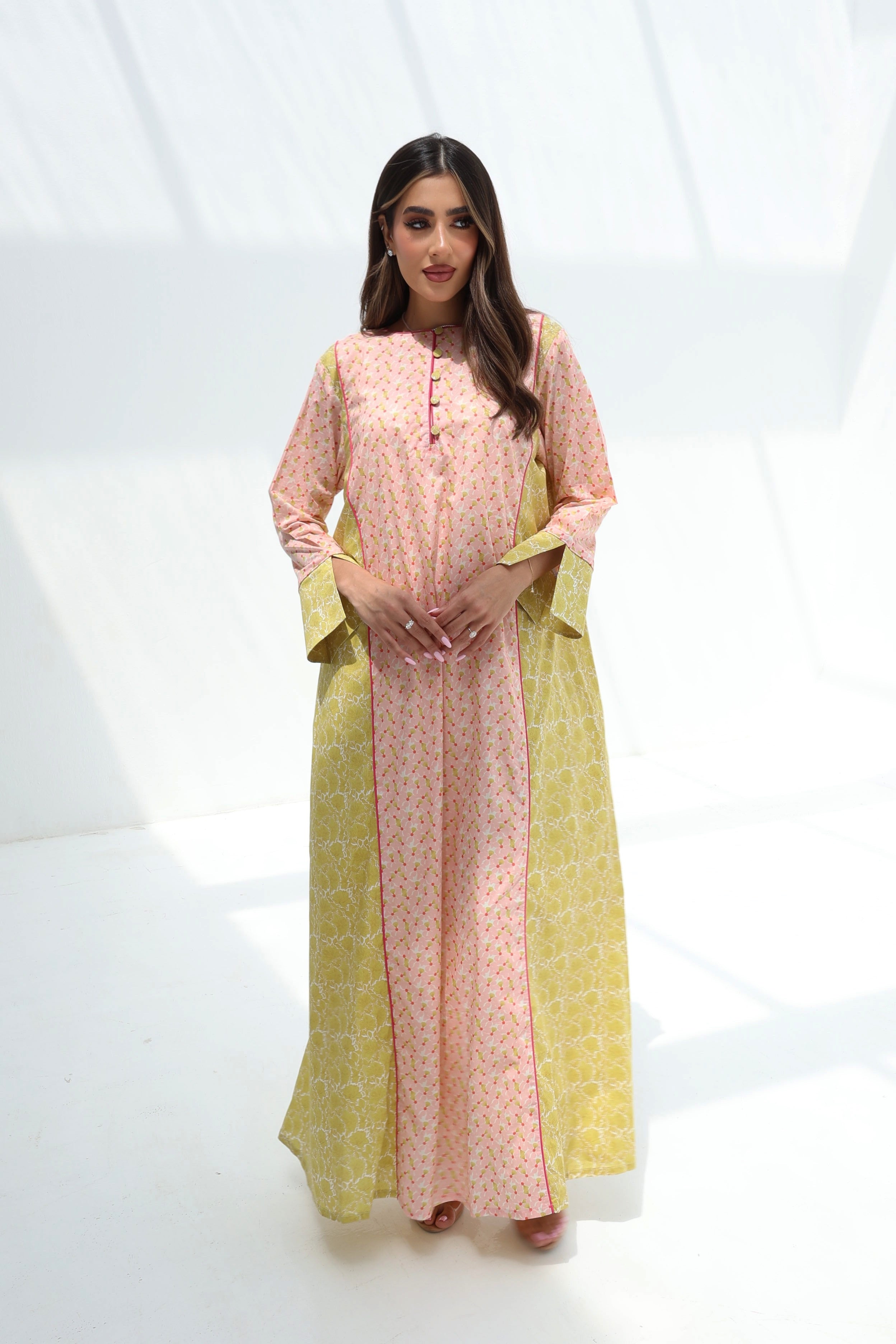 Nadia — C16 — Blush & Chartreuse Ditsy Floral Contrast Panel Cotton Jalabiya