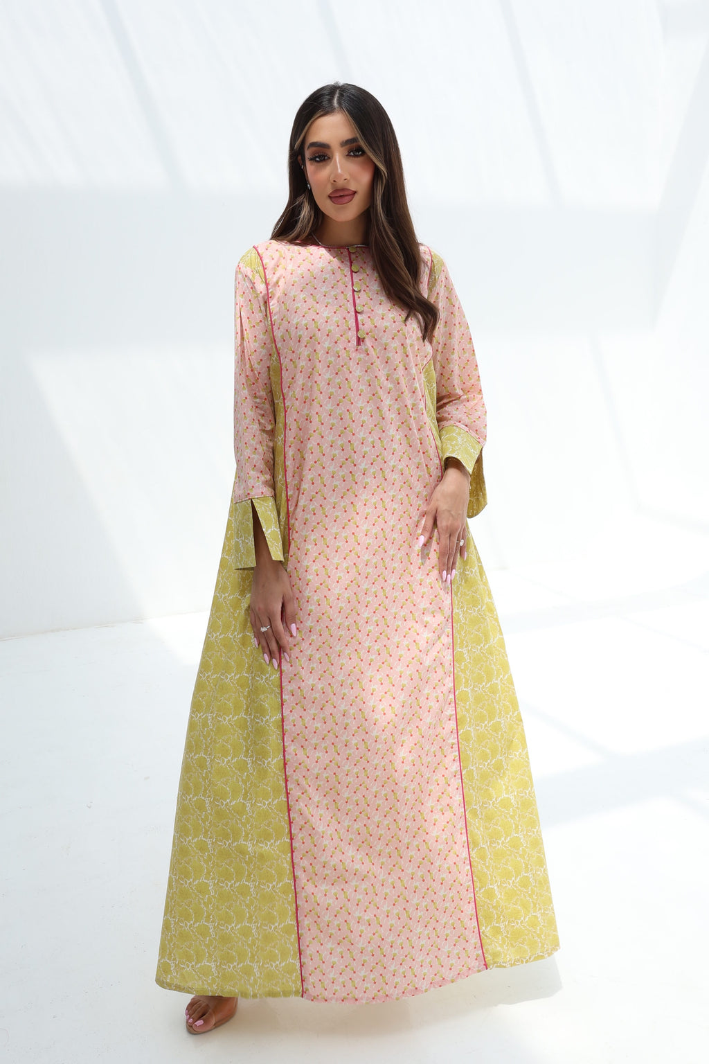 Nadia — C16 — Blush & Chartreuse Ditsy Floral Contrast Panel Cotton Jalabiya