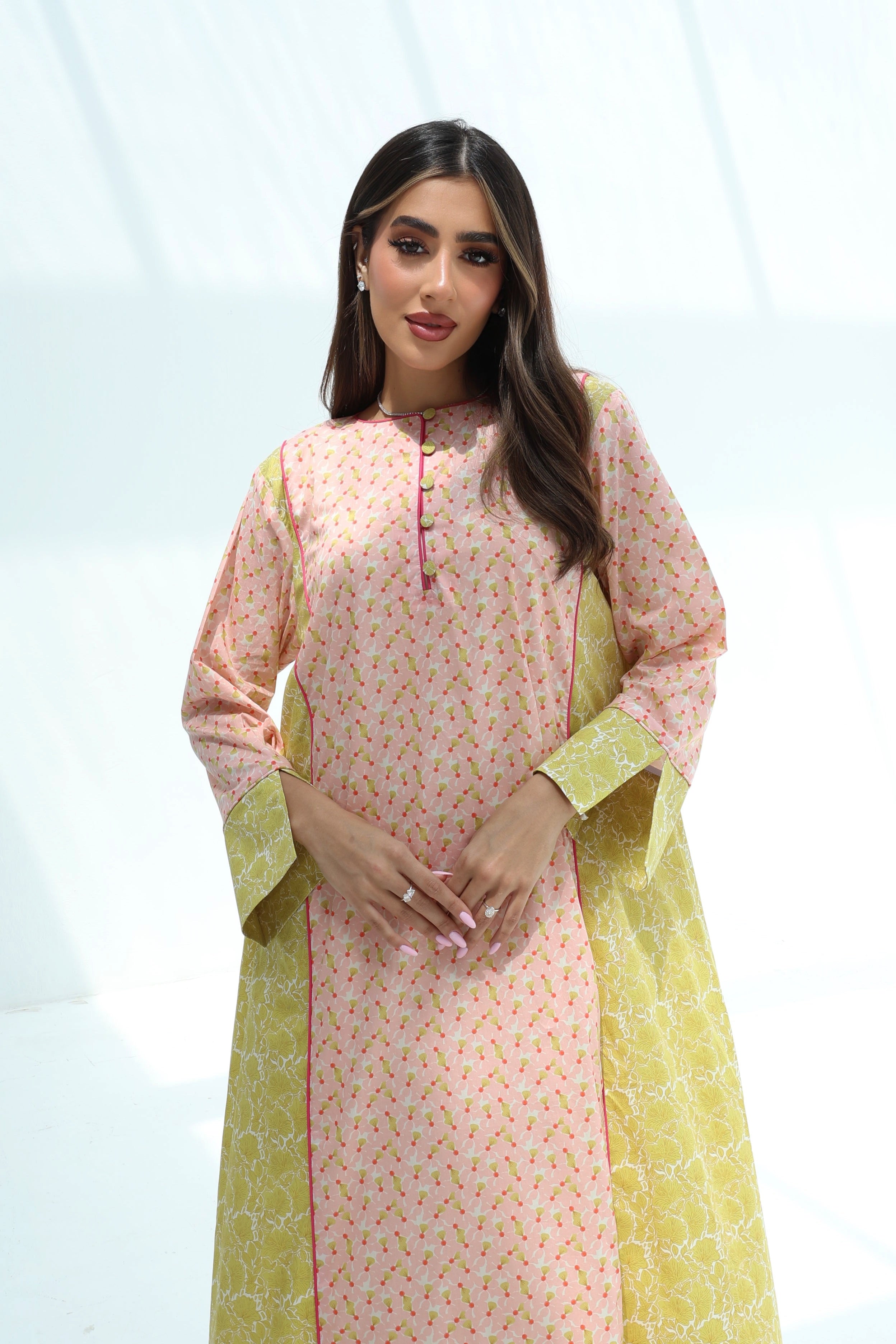 Nadia — C16 — Blush & Chartreuse Ditsy Floral Contrast Panel Cotton Jalabiya
