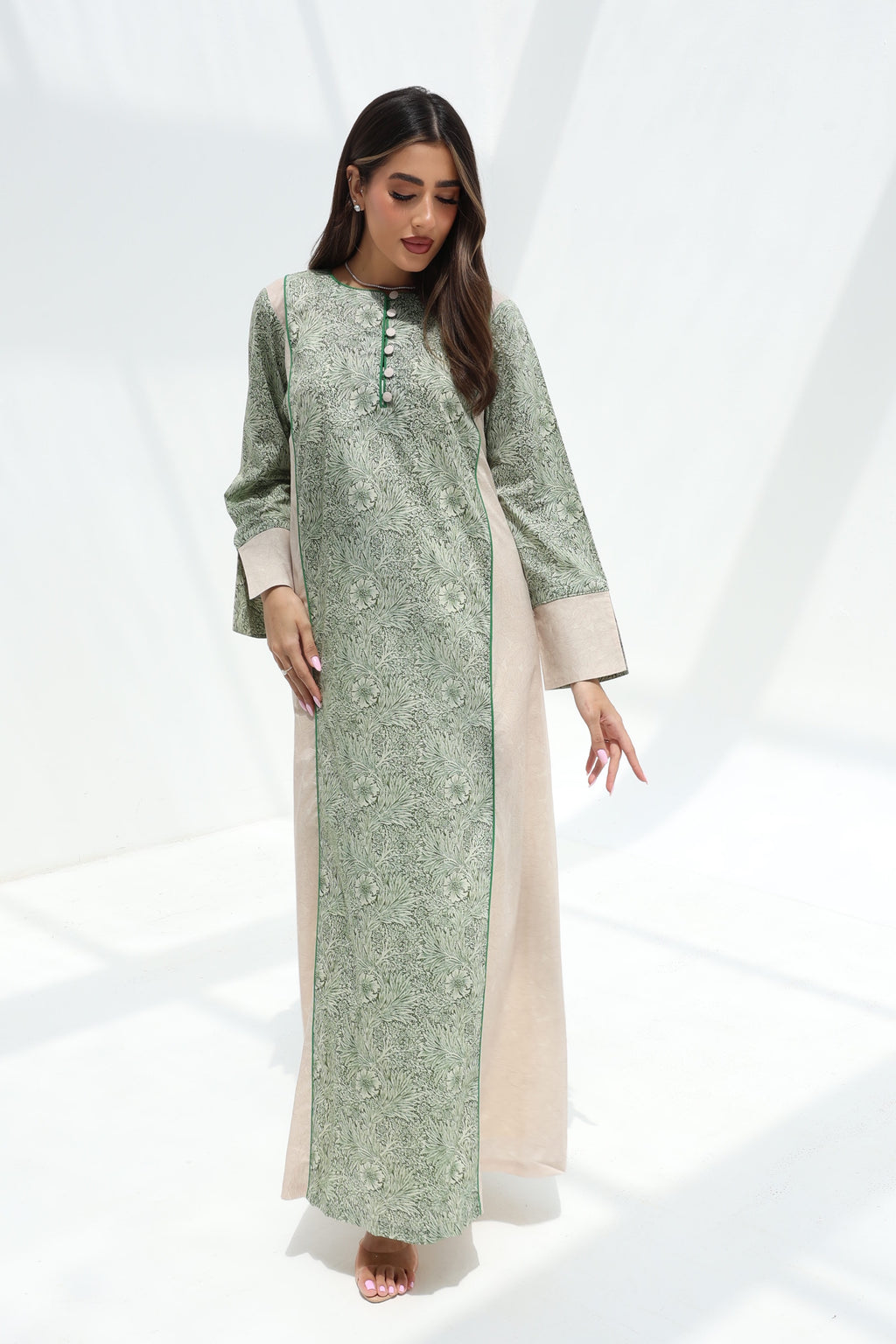Layla — C17 — Sage Green Botanical Floral Print Contrast Panel Cotton Jalabiya