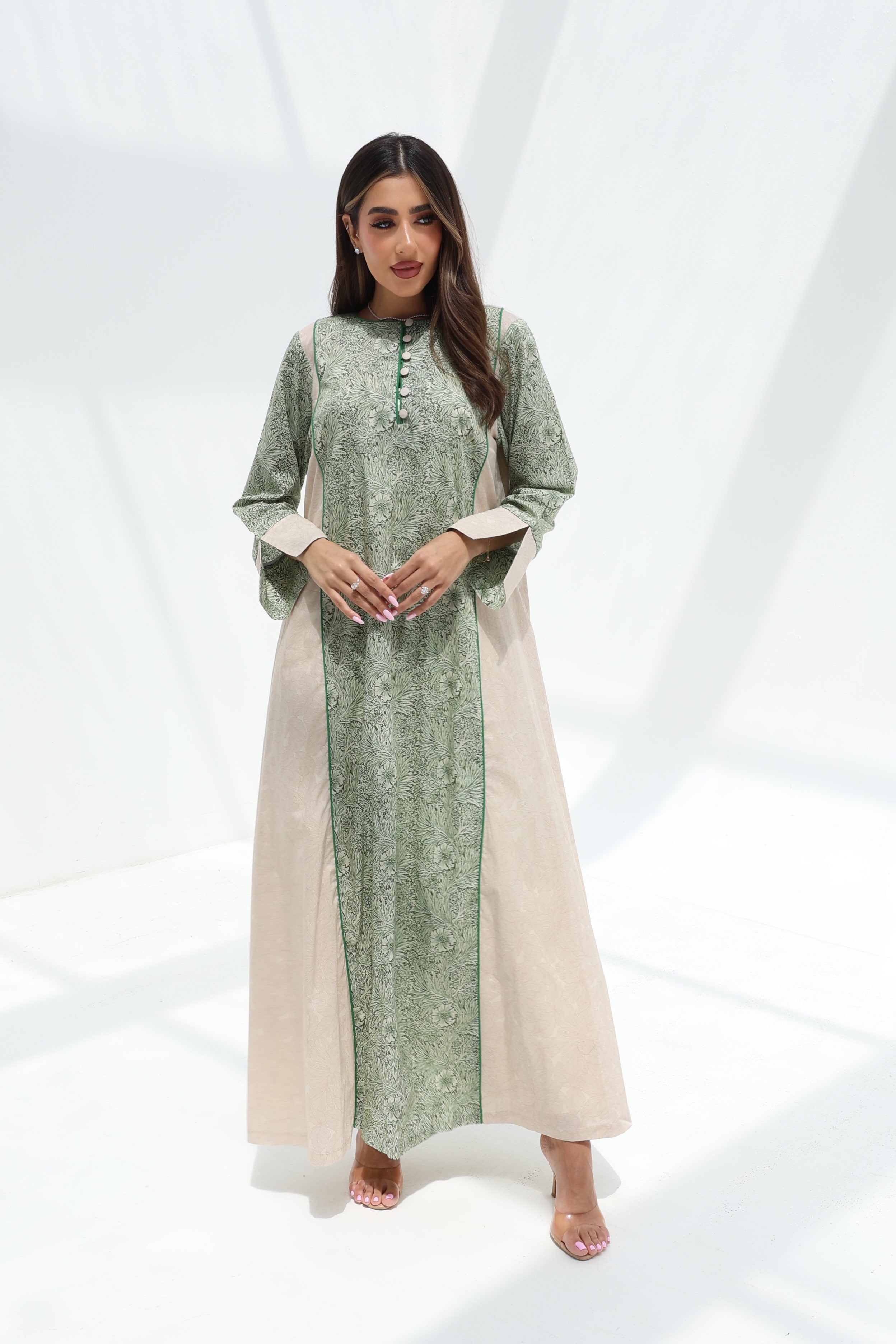 Layla — C17 — Sage Green Botanical Floral Print Contrast Panel Cotton Jalabiya