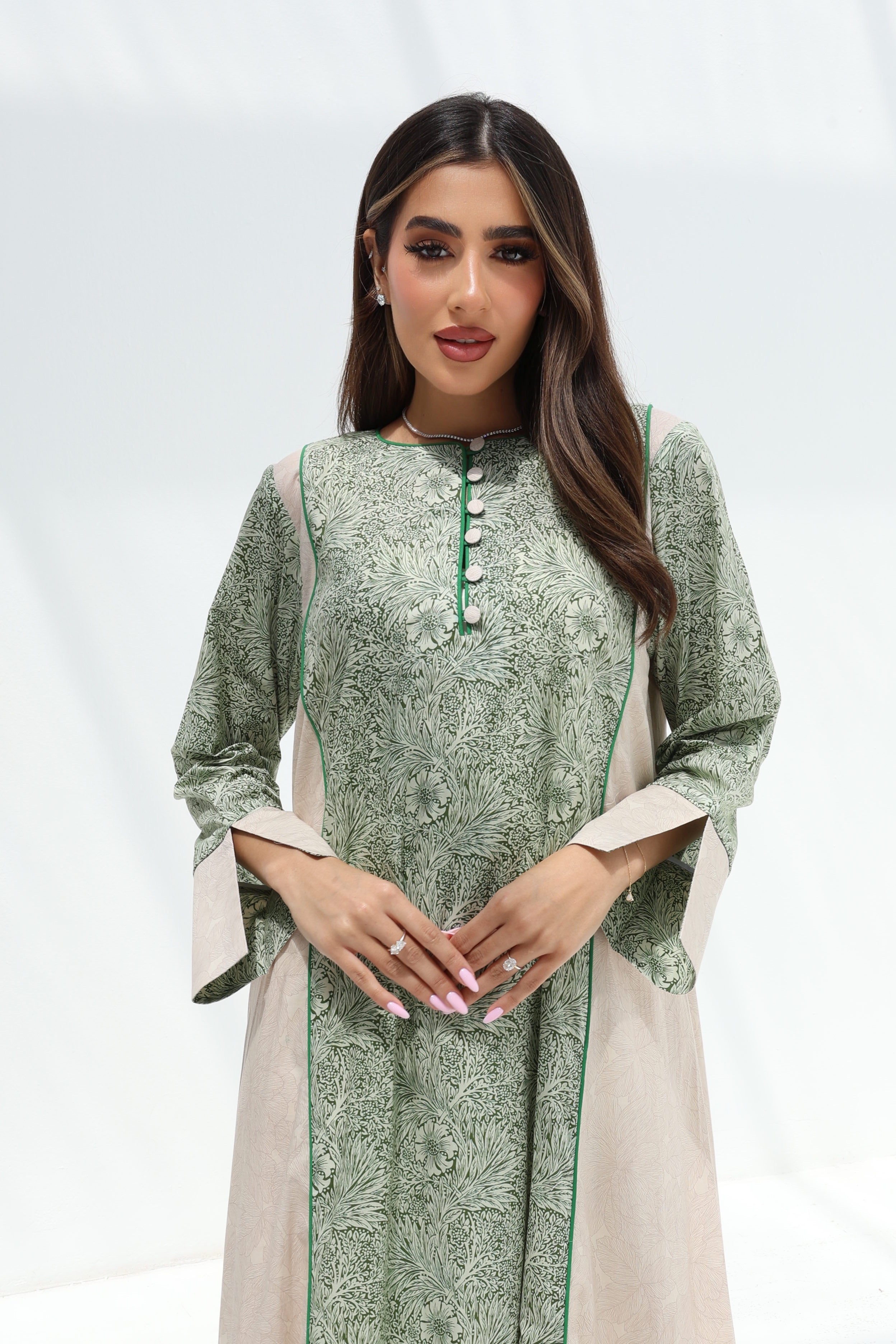 Layla — C17 — Sage Green Botanical Floral Print Contrast Panel Cotton Jalabiya