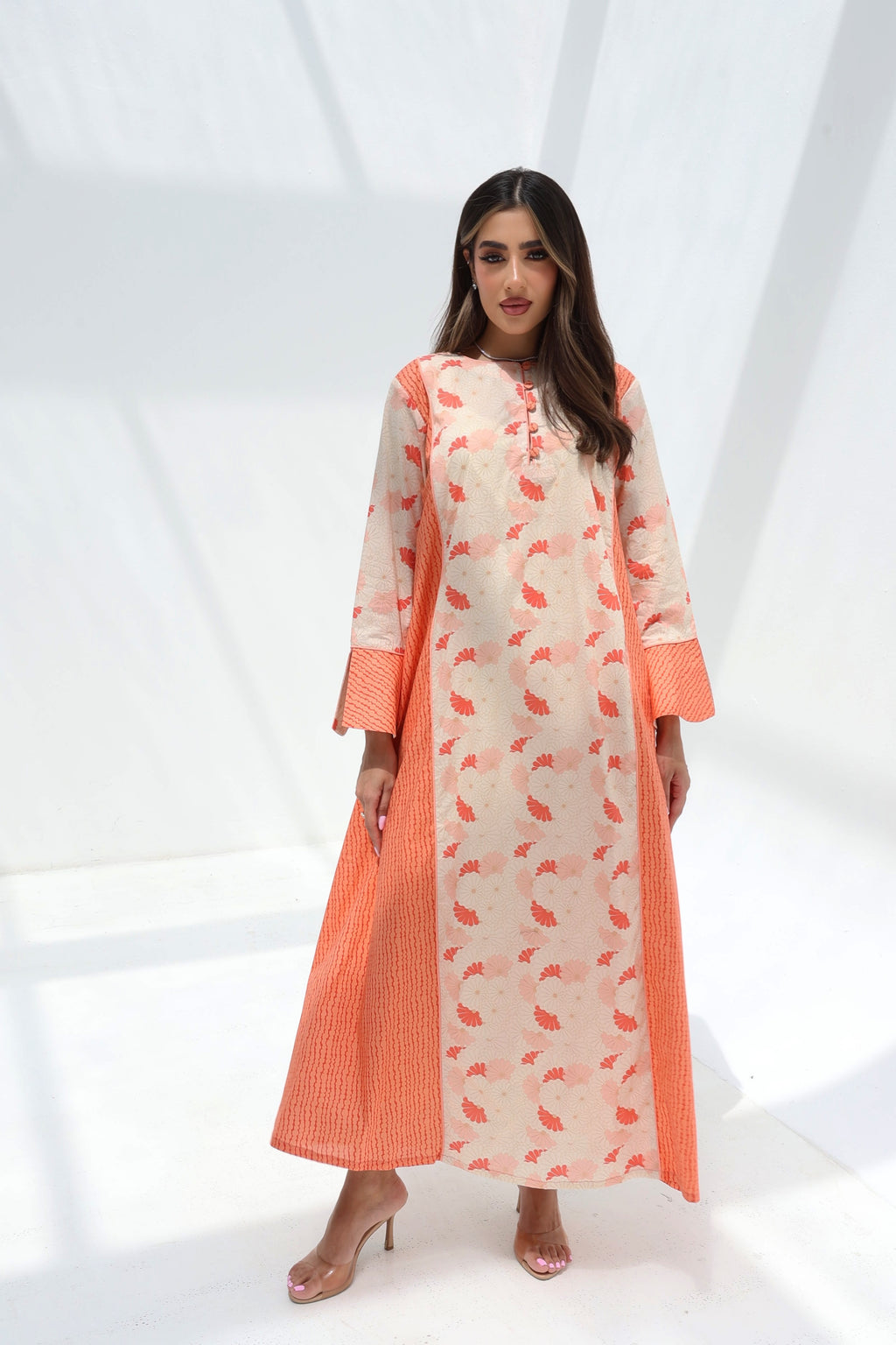 Rania — C18 — Cream & Coral Fan Floral Print Stripe Contrast Panel Cotton Jalabiya