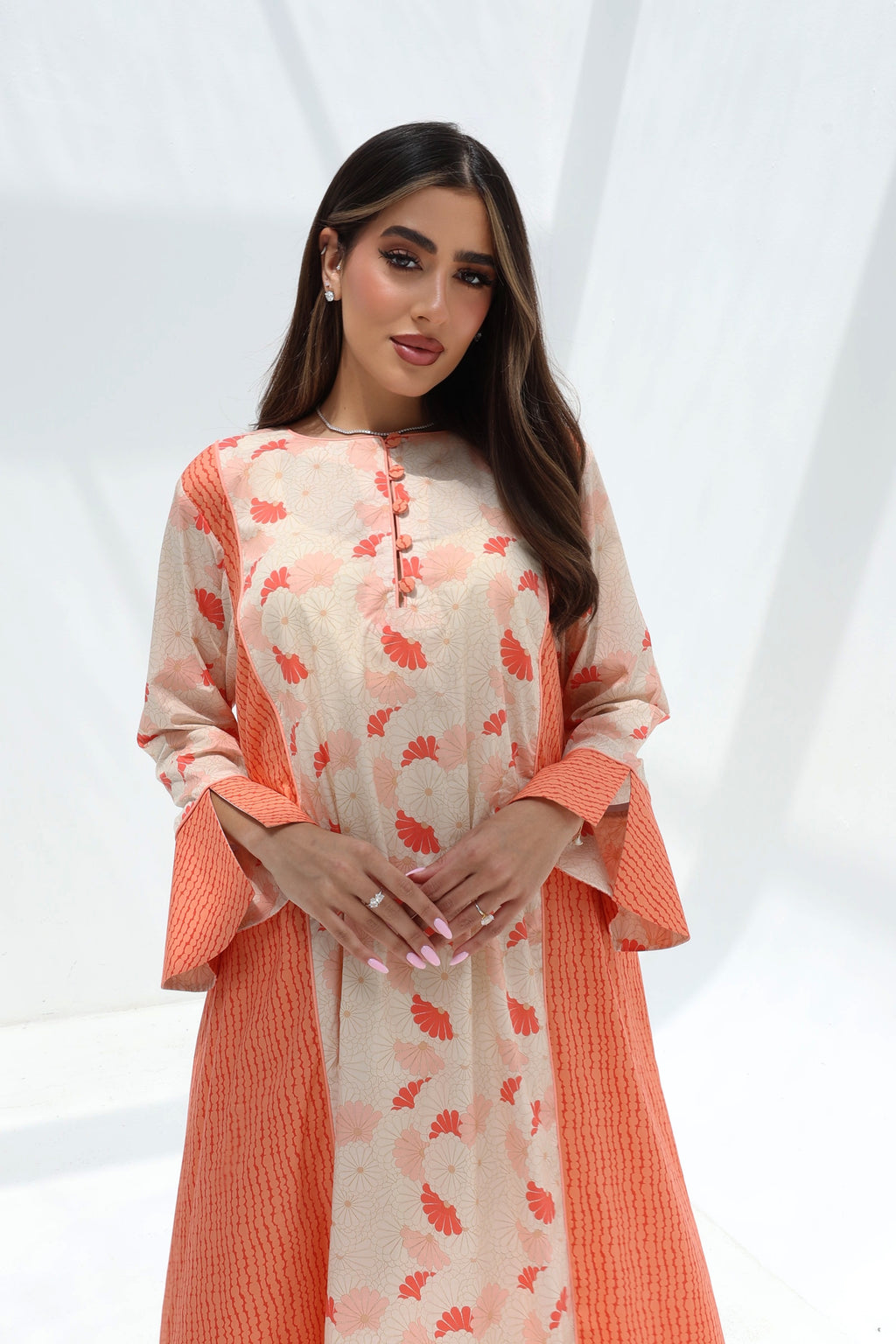 Rania — C18 — Cream & Coral Fan Floral Print Stripe Contrast Panel Cotton Jalabiya