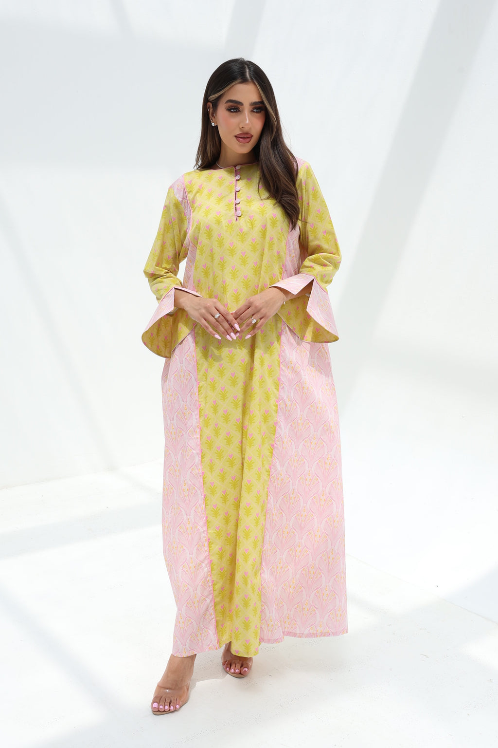 Dalia — C19 — Sunshine Yellow Ditsy Floral Print Blush Contrast Ruffle Cuff Cotton Jalabiya