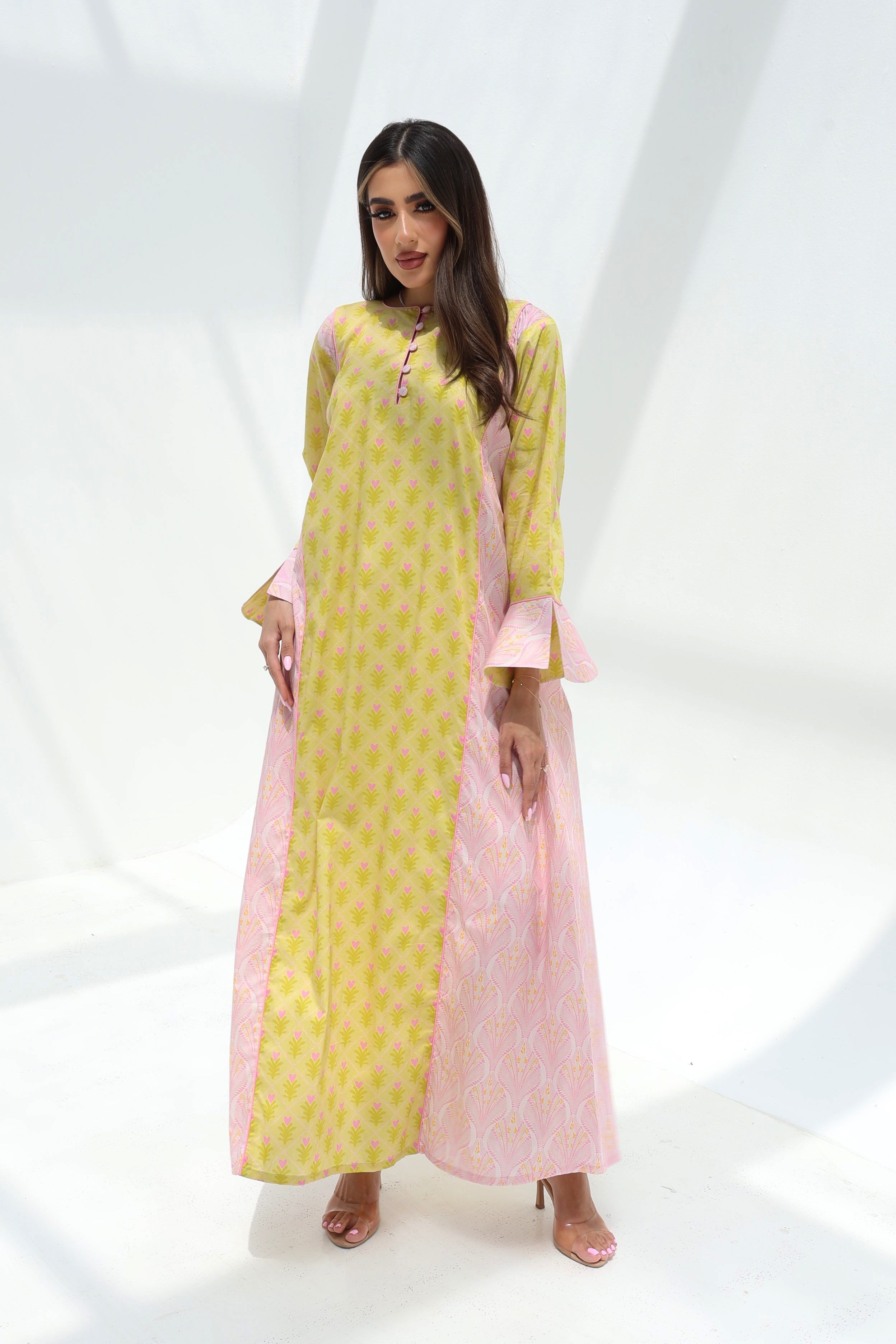 Dalia — C19 — Sunshine Yellow Ditsy Floral Print Blush Contrast Ruffle Cuff Cotton Jalabiya