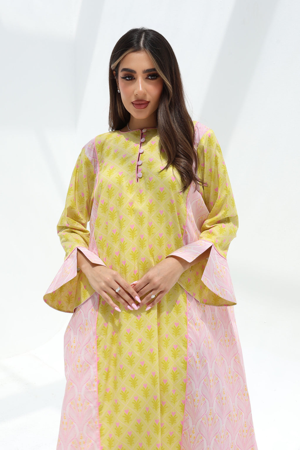 Dalia — C19 — Sunshine Yellow Ditsy Floral Print Blush Contrast Ruffle Cuff Cotton Jalabiya