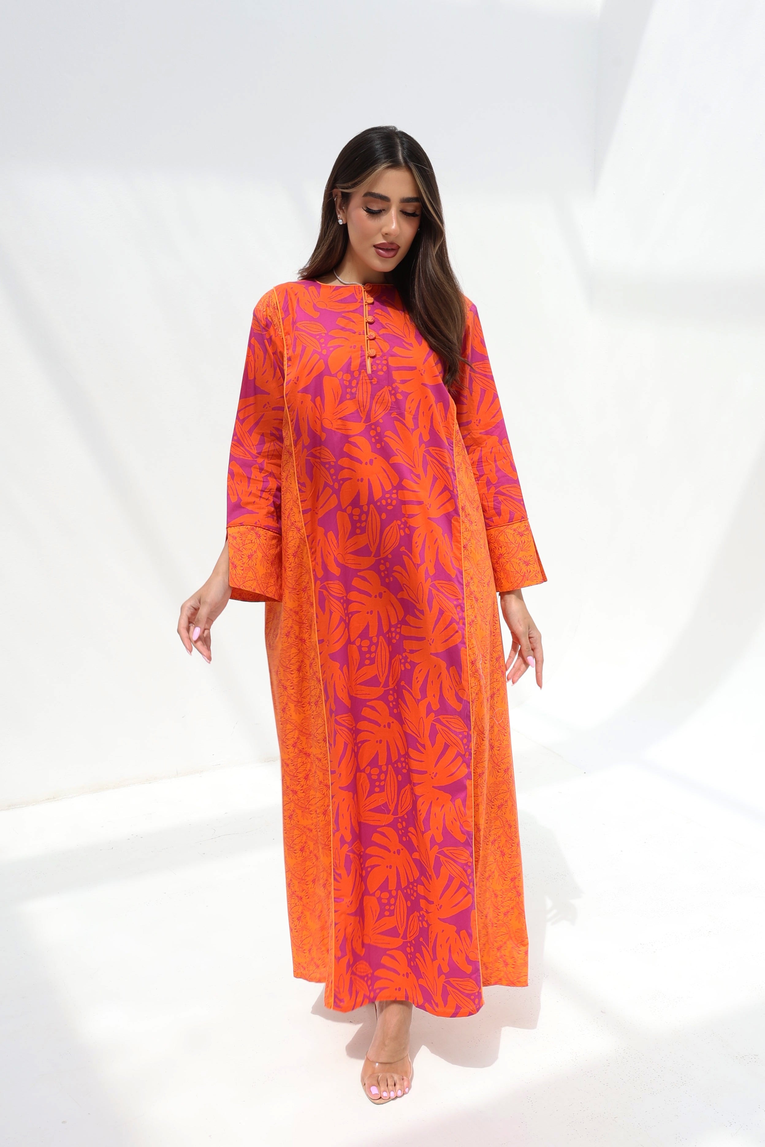 Zahwa — C20 — Orange & Magenta Tropical Leaf Print Cotton Jalabiya