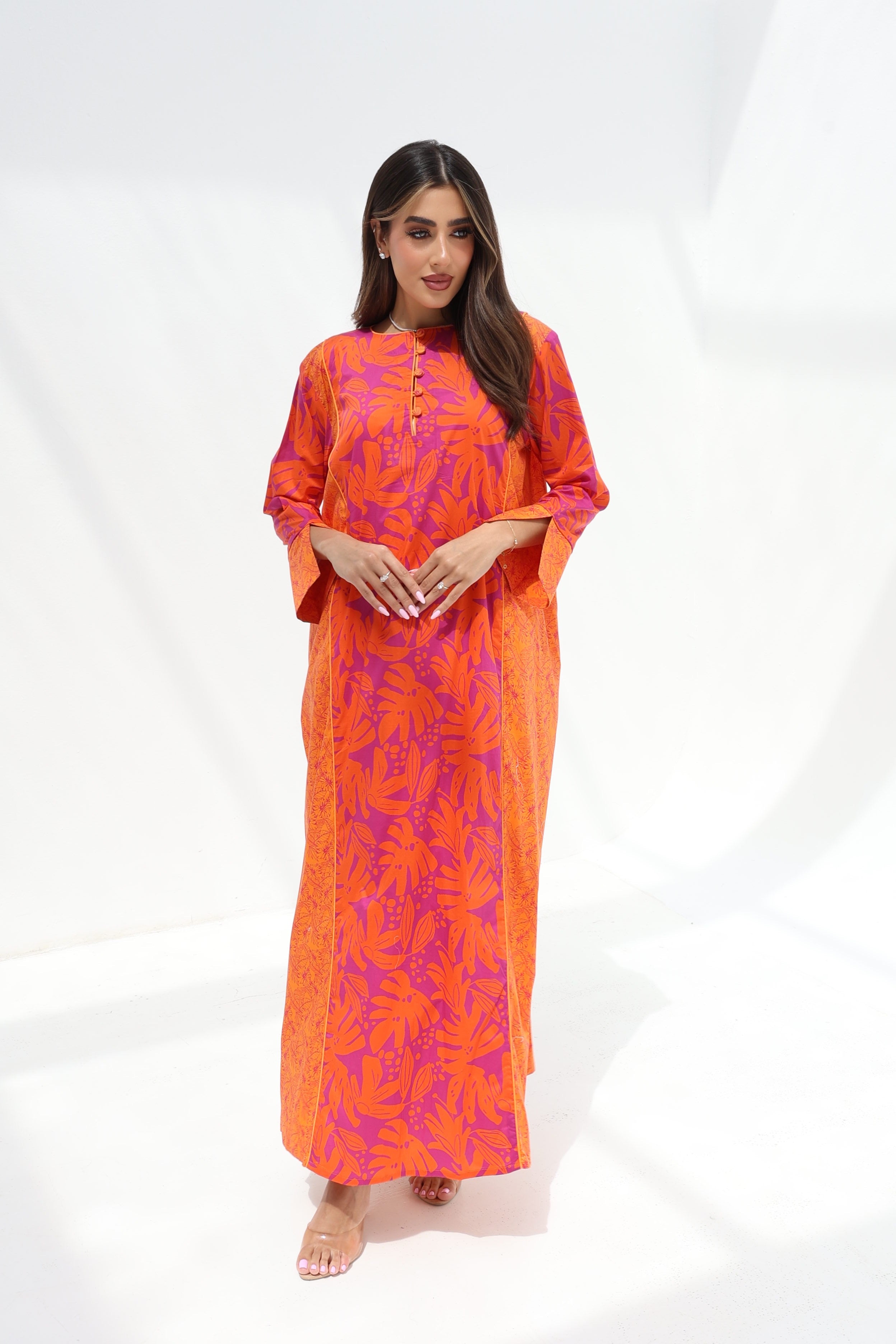 Zahwa — C20 — Orange & Magenta Tropical Leaf Print Cotton Jalabiya
