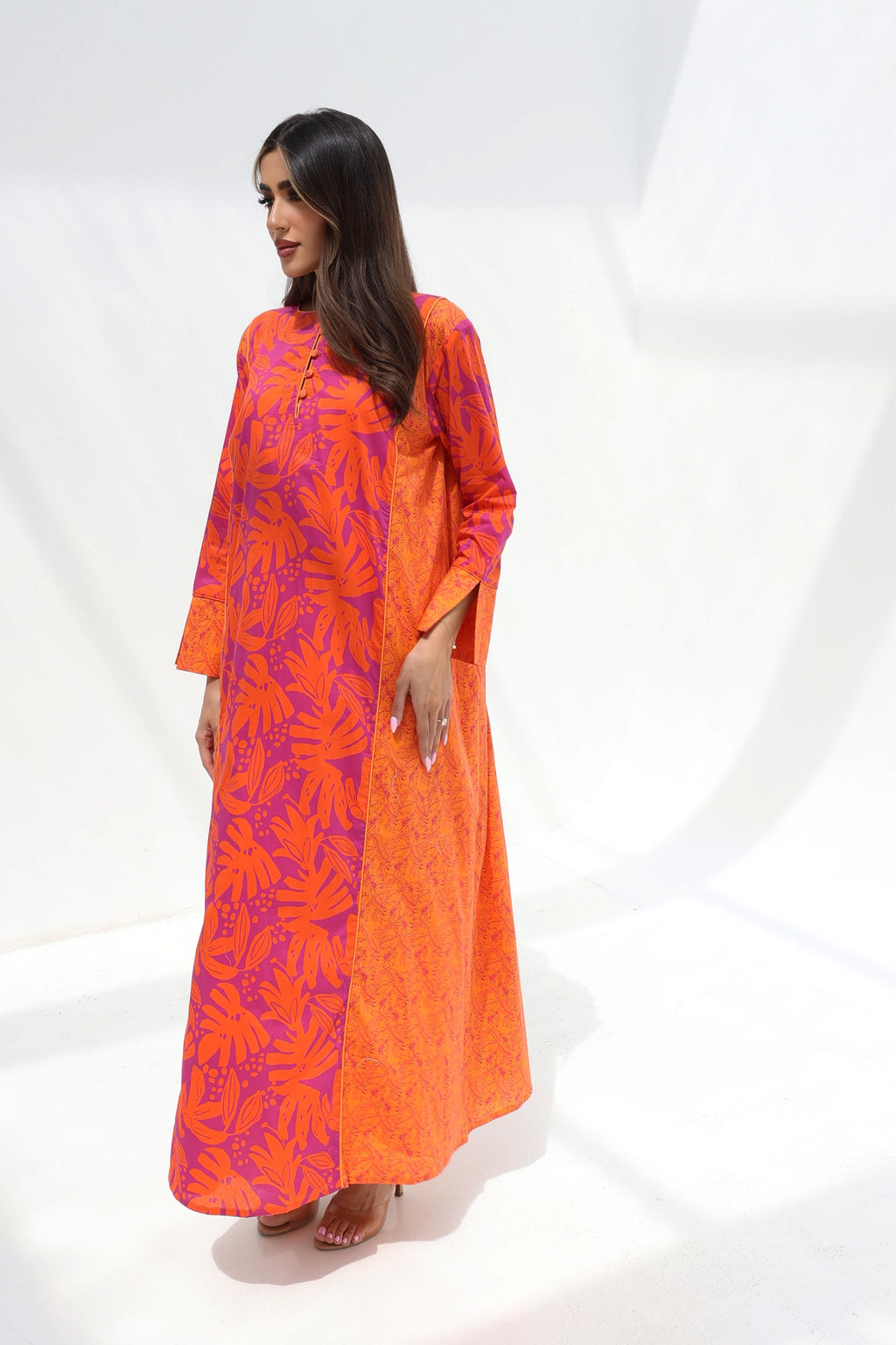 Zahwa — C20 — Orange & Magenta Tropical Leaf Print Cotton Jalabiya